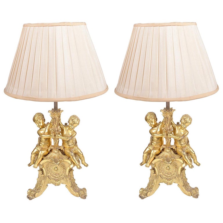Figural Desk Lamp White Glass Lamp Shade Pair of Antique Brass Table Lamps with Boys Cherubs