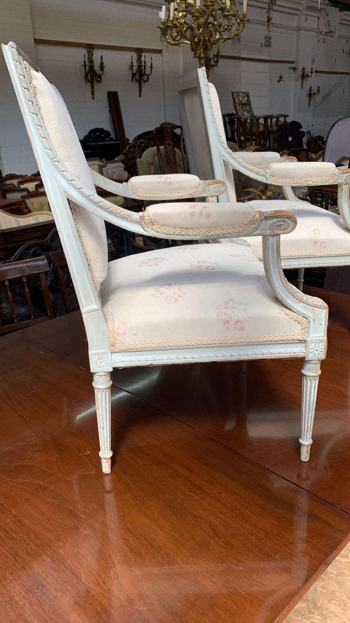 Louis XVI Pair late 19th Century French painted arm chairs For Sale