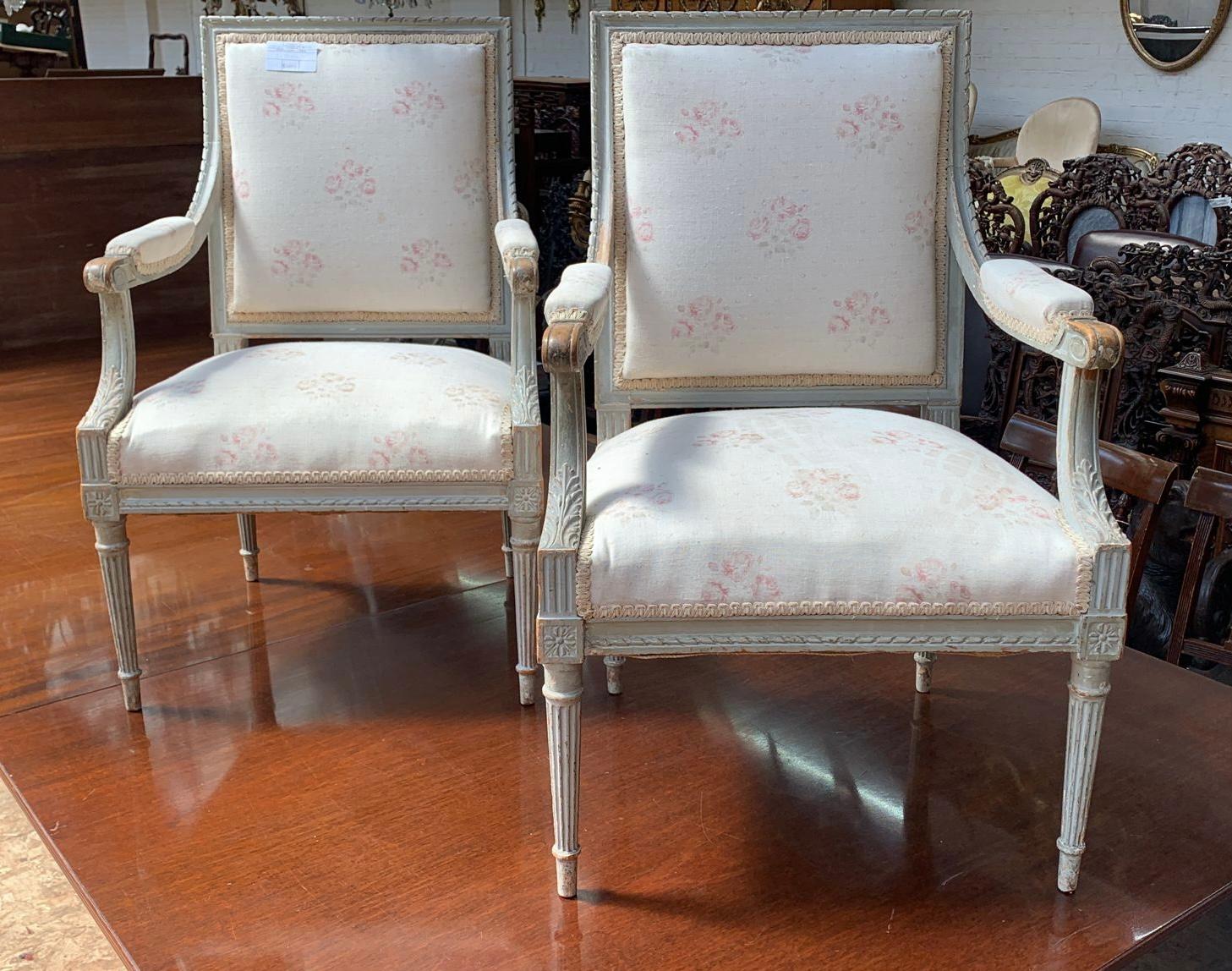 Hand-Painted Pair late 19th Century French painted arm chairs For Sale