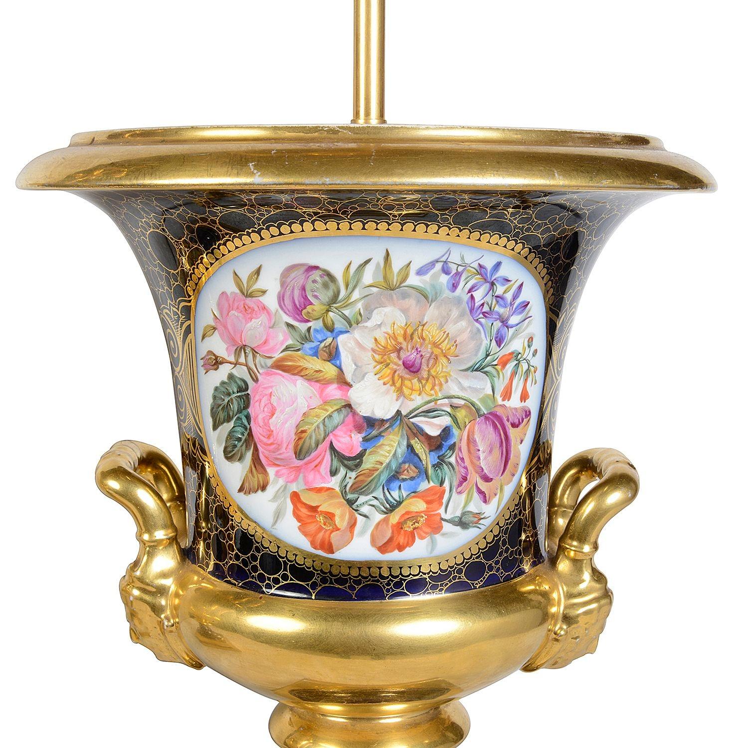 Hand-Painted Pair late 19th Century French Sevres style porcelain urn lamps. For Sale