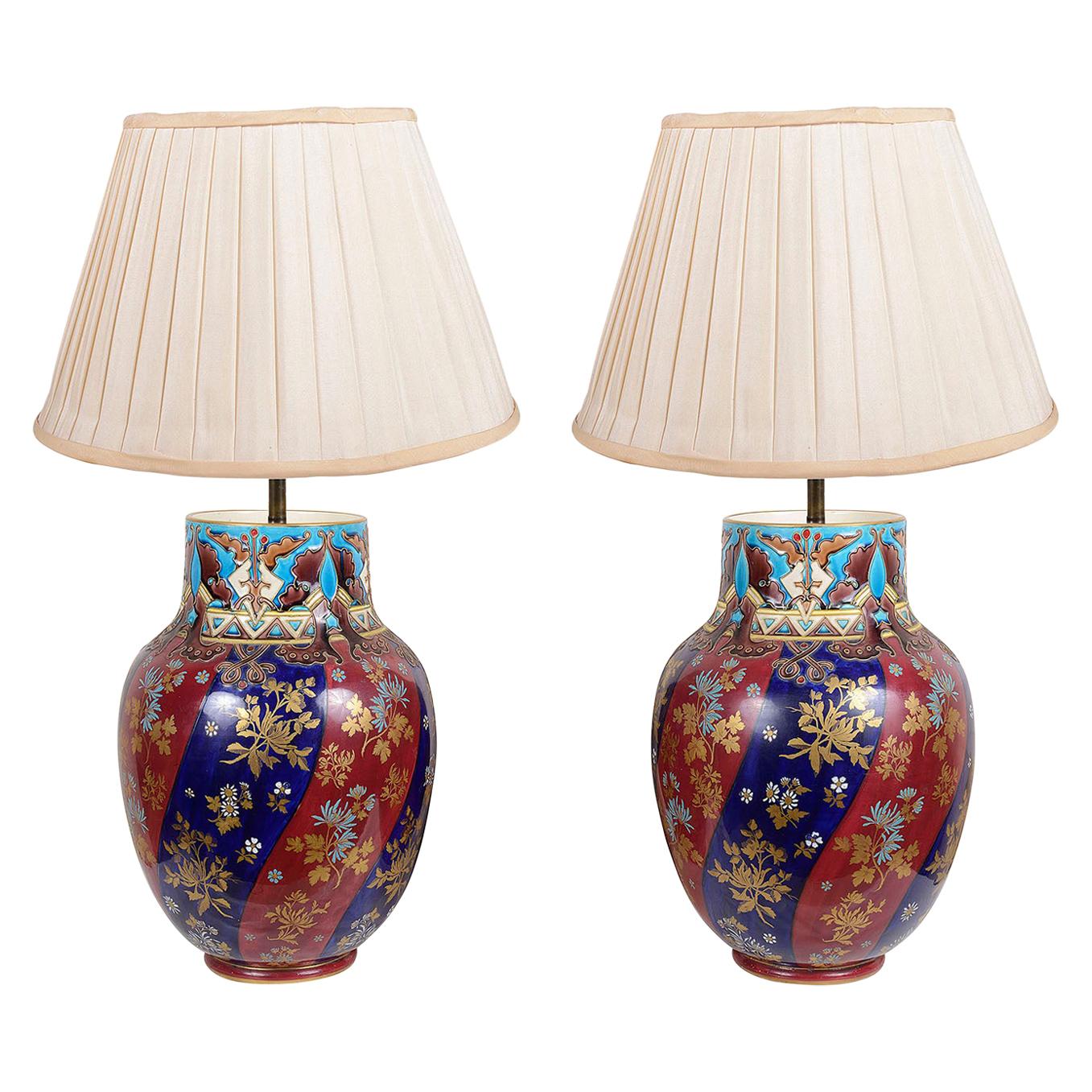 Pair Late 19th Century Majolica Vases / Lamps