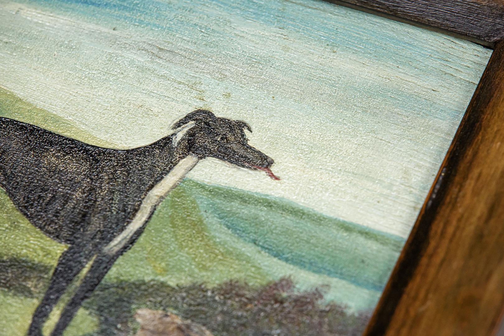 Pair of Late 19th Century Naïve Oil on Panel Paintings of Greyhounds 6