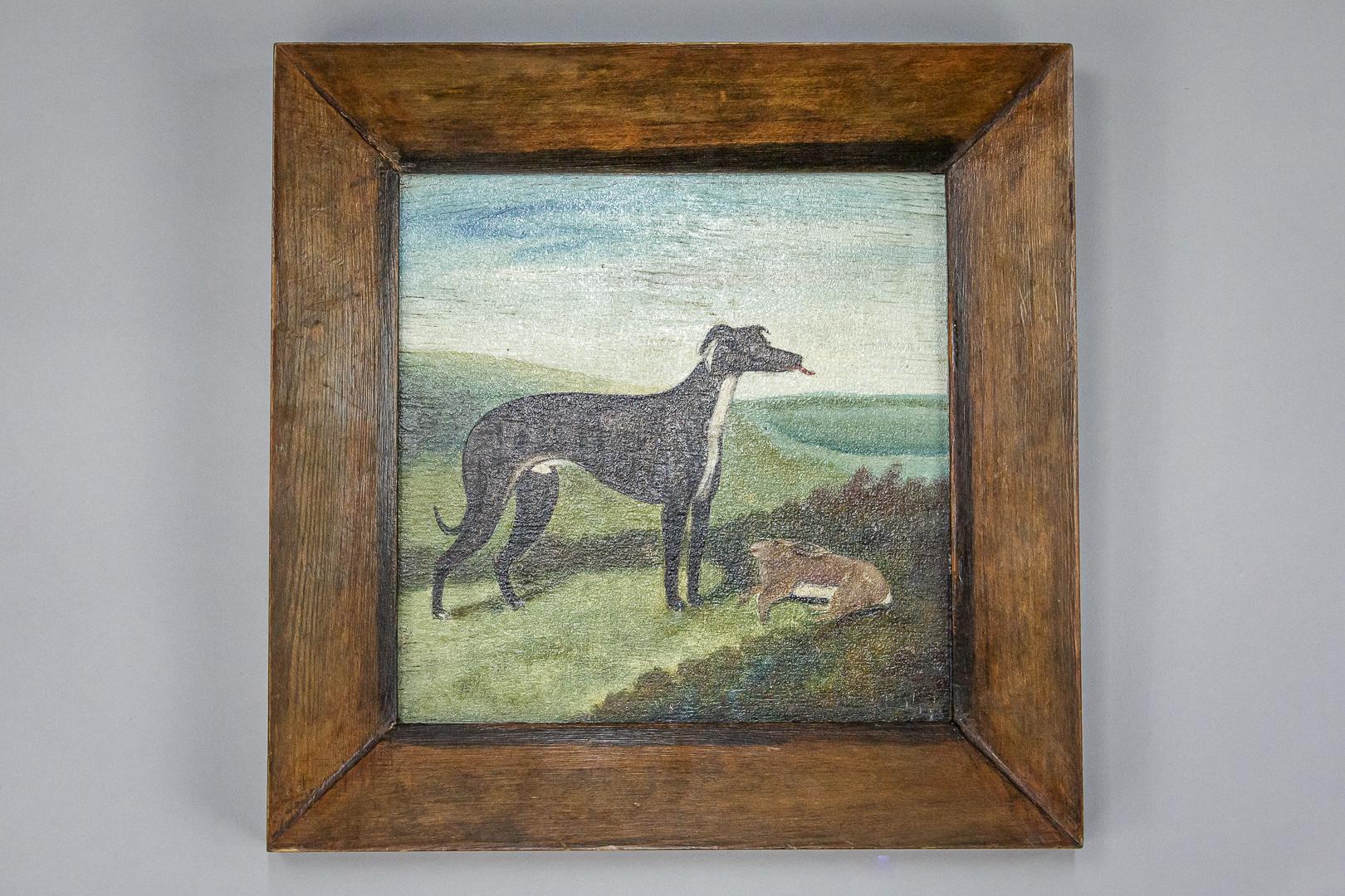 English Pair of Late 19th Century Naïve Oil on Panel Paintings of Greyhounds