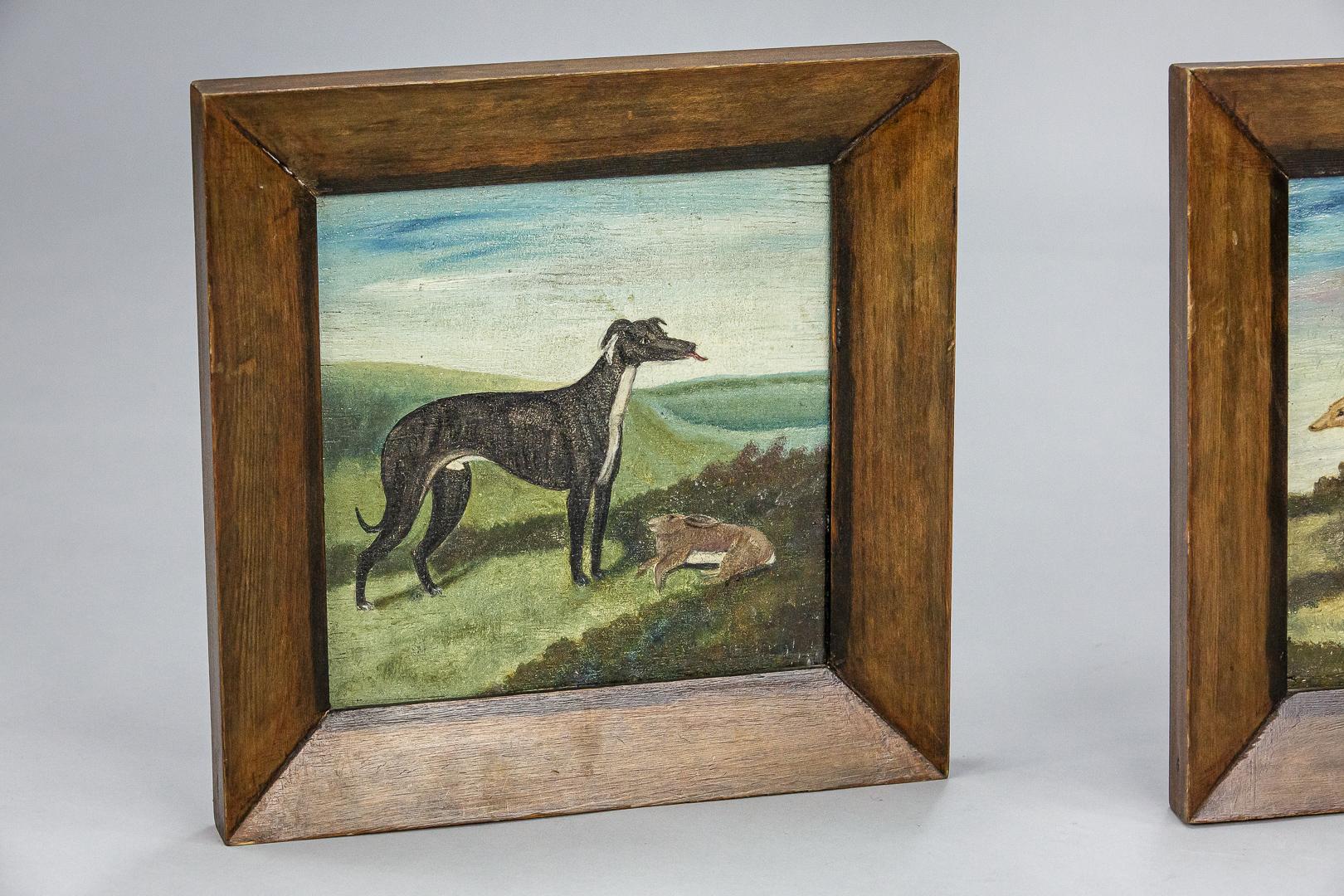 Painted Pair of Late 19th Century Naïve Oil on Panel Paintings of Greyhounds