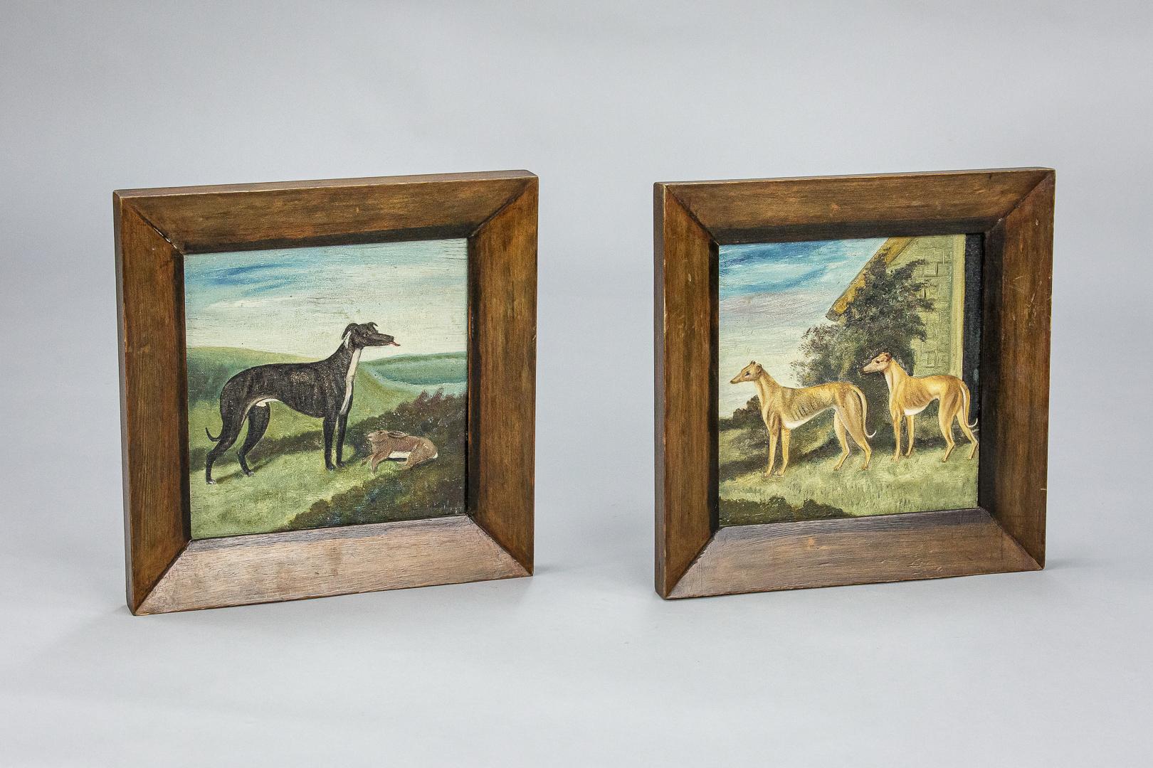 Pair of Late 19th Century Naïve Oil on Panel Paintings of Greyhounds In Fair Condition In Pease pottage, West Sussex