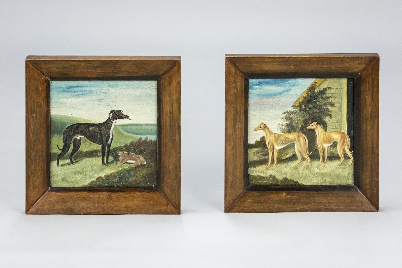 Wood Pair of Late 19th Century Naïve Oil on Panel Paintings of Greyhounds