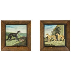 Pair of Late 19th Century Naïve Oil on Panel Paintings of Greyhounds