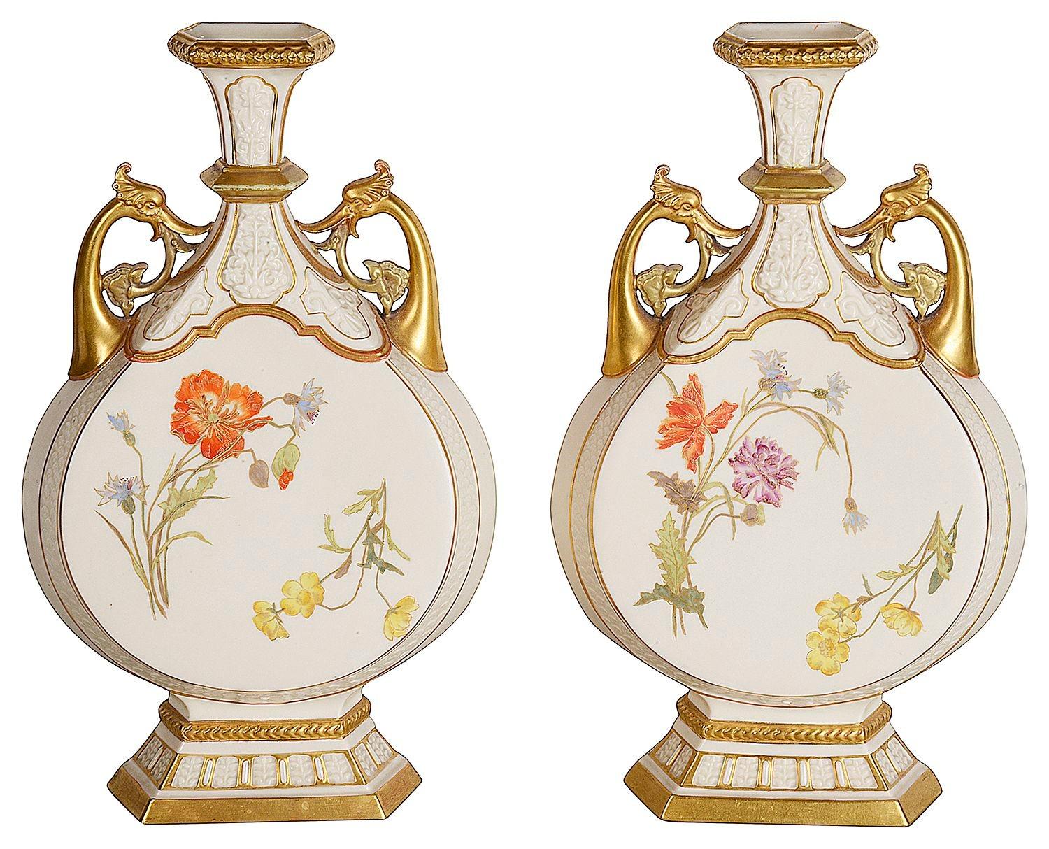 Pair late 19th Century Royal Worcester two handle vases.