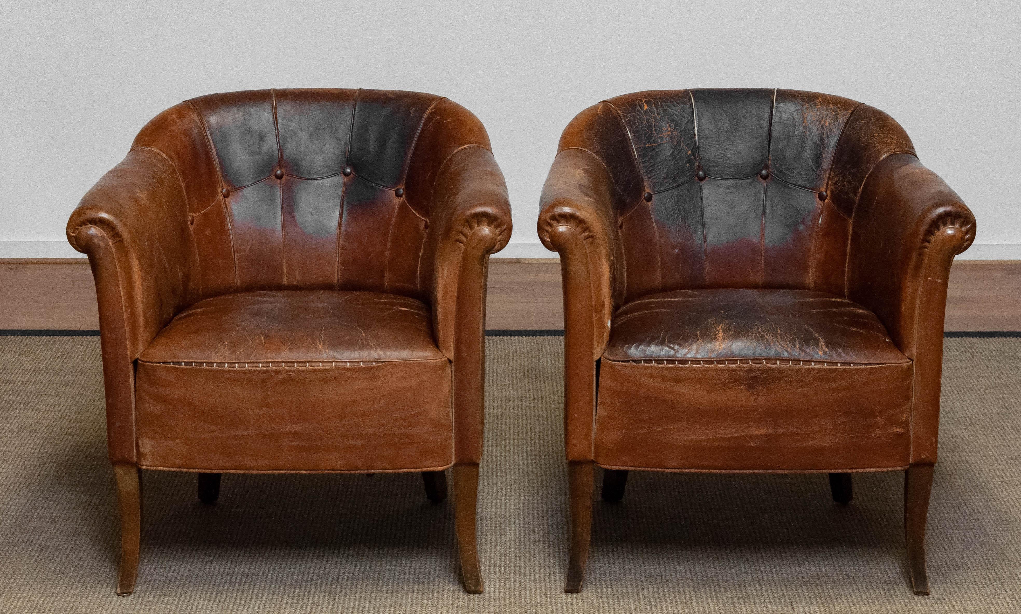 Pair Late 19th Century Swedish Tan / Brown Nailed Leather Lounge / Club Chairs 7