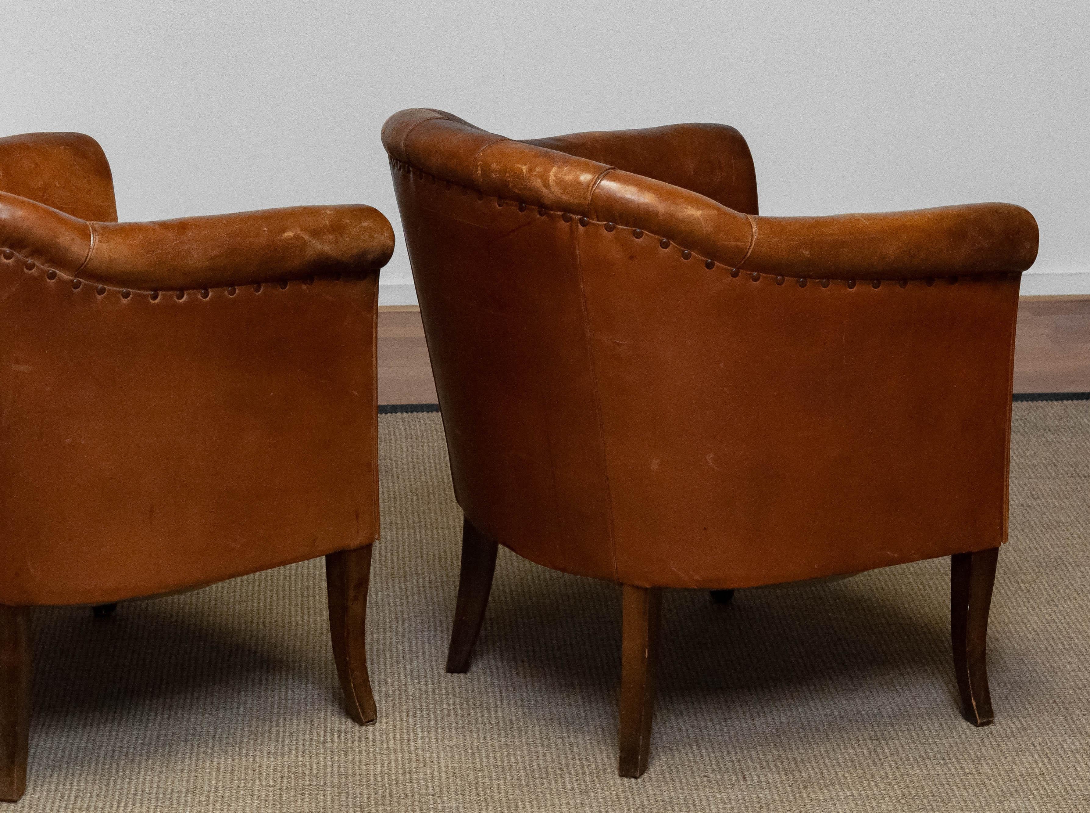 Pair Late 19th Century Swedish Tan / Brown Nailed Leather Lounge / Club Chairs 8