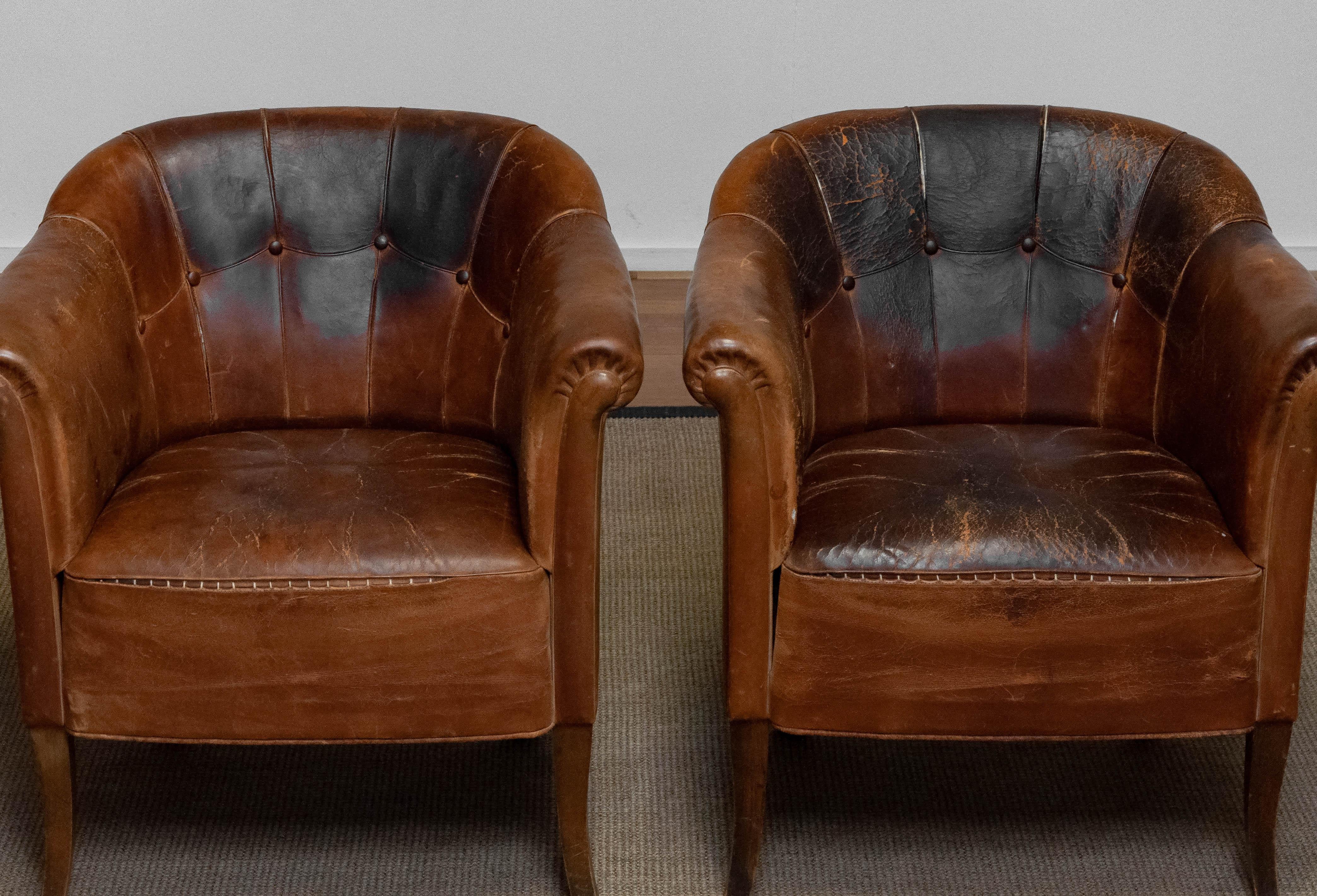 Pair Late 19th Century Swedish Tan / Brown Nailed Leather Lounge / Club Chairs 9