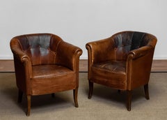 Pair Late 19th Century Swedish Tan / Brown Nailed Leather Lounge / Club Chairs