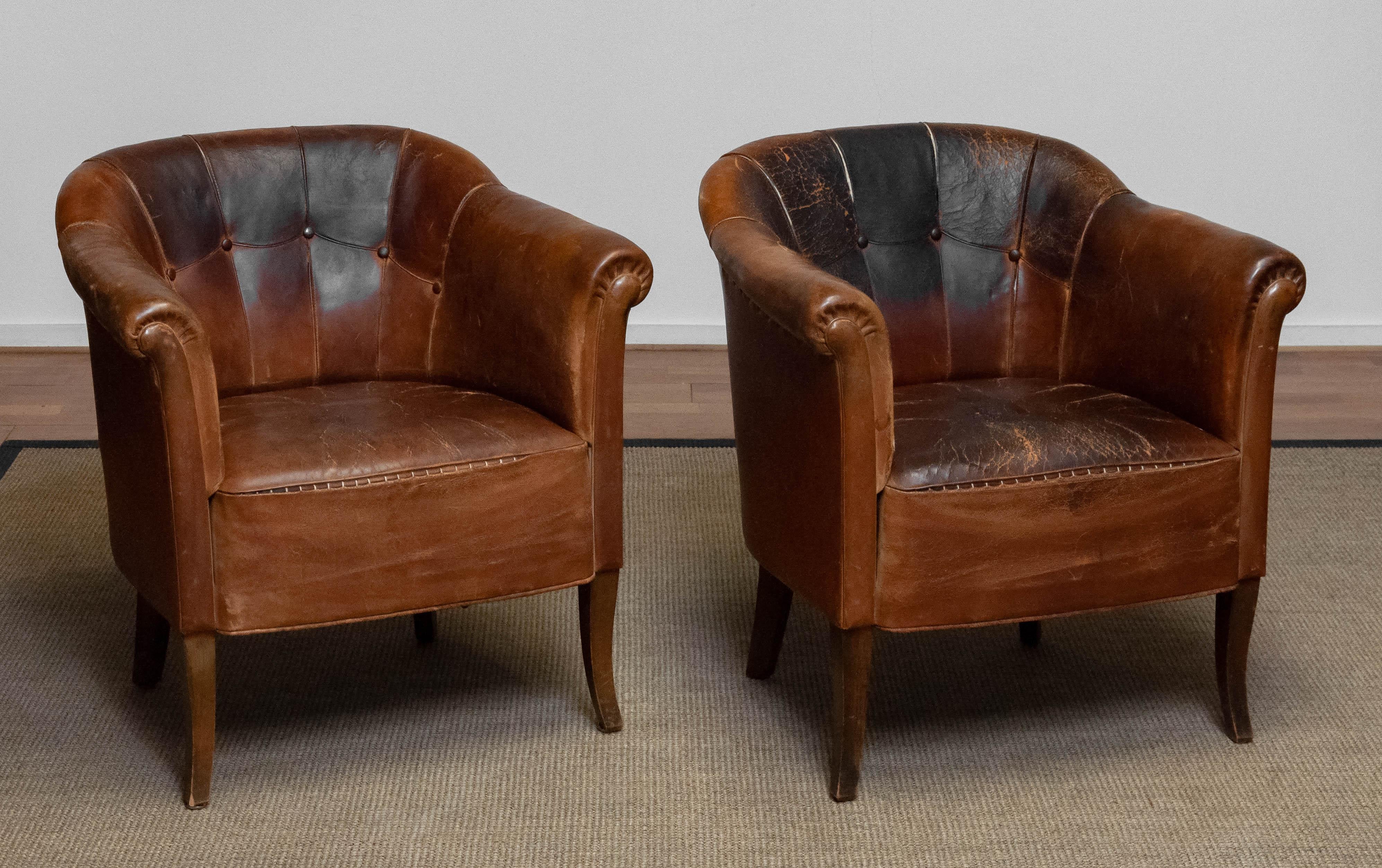 Chesterfield Pair Late 19th Century Swedish Tan / Brown Nailed Leather Lounge / Club Chairs