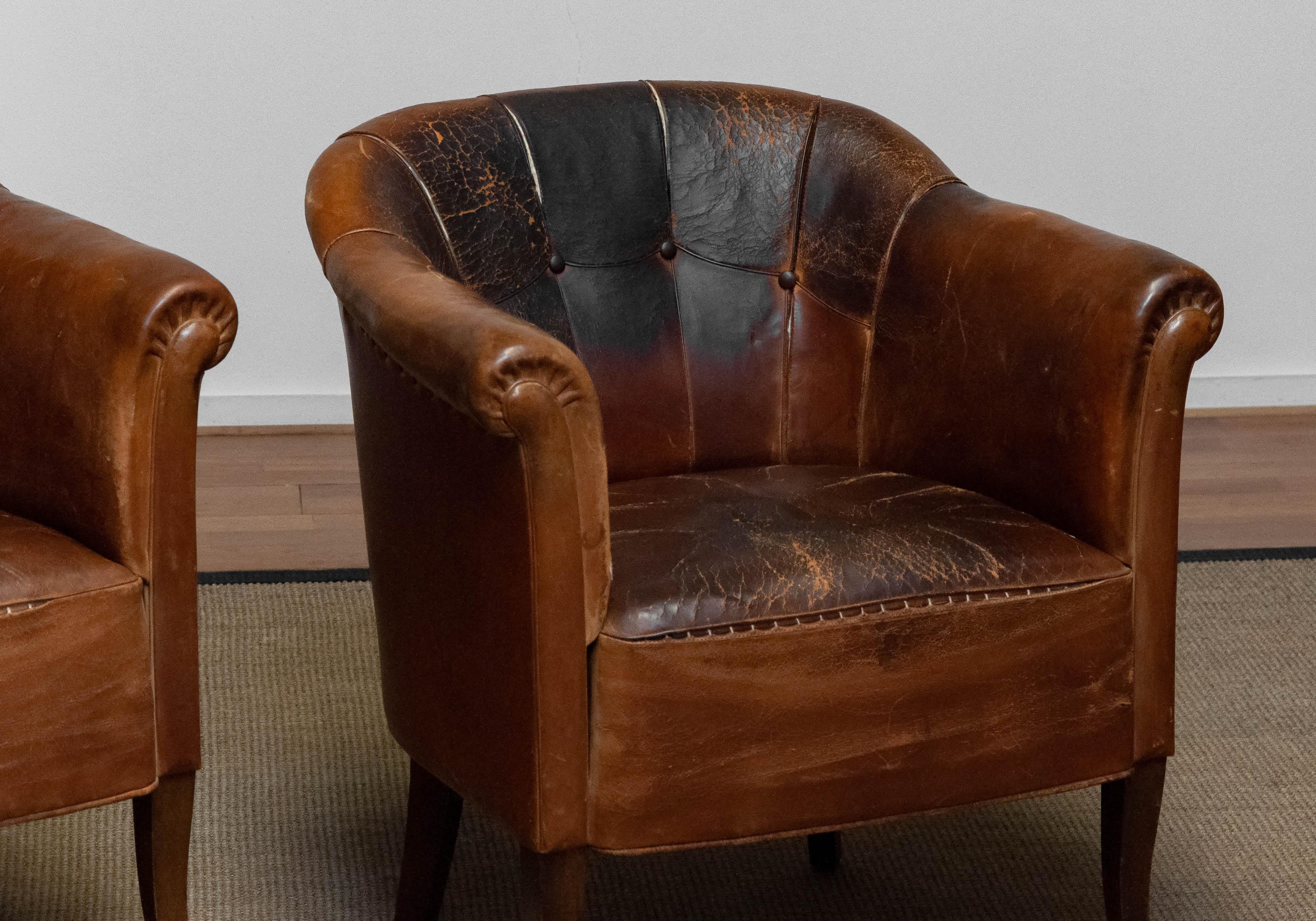Pair Late 19th Century Swedish Tan / Brown Nailed Leather Lounge / Club Chairs 1
