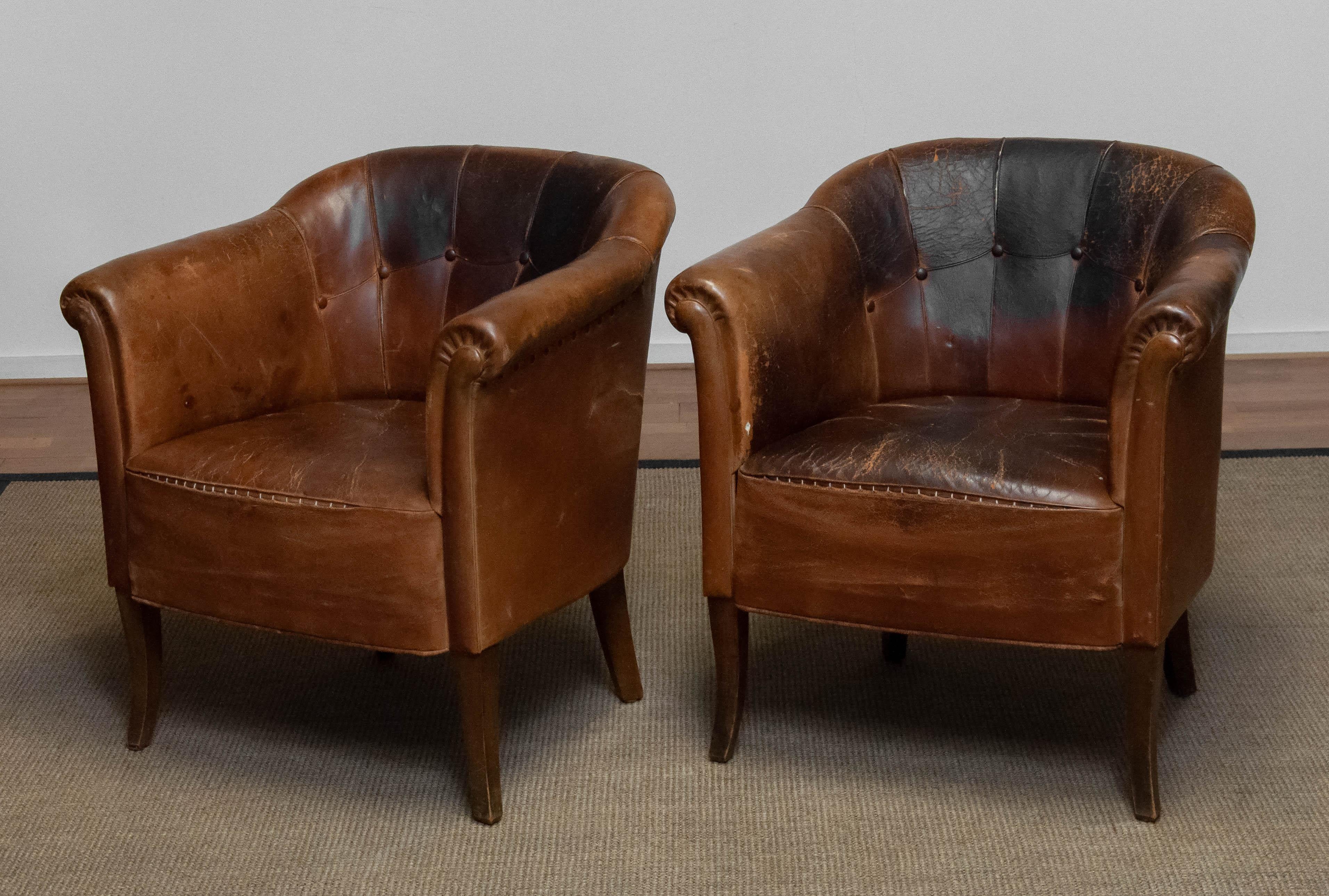 Pair Late 19th Century Swedish Tan / Brown Nailed Leather Lounge / Club Chairs 2