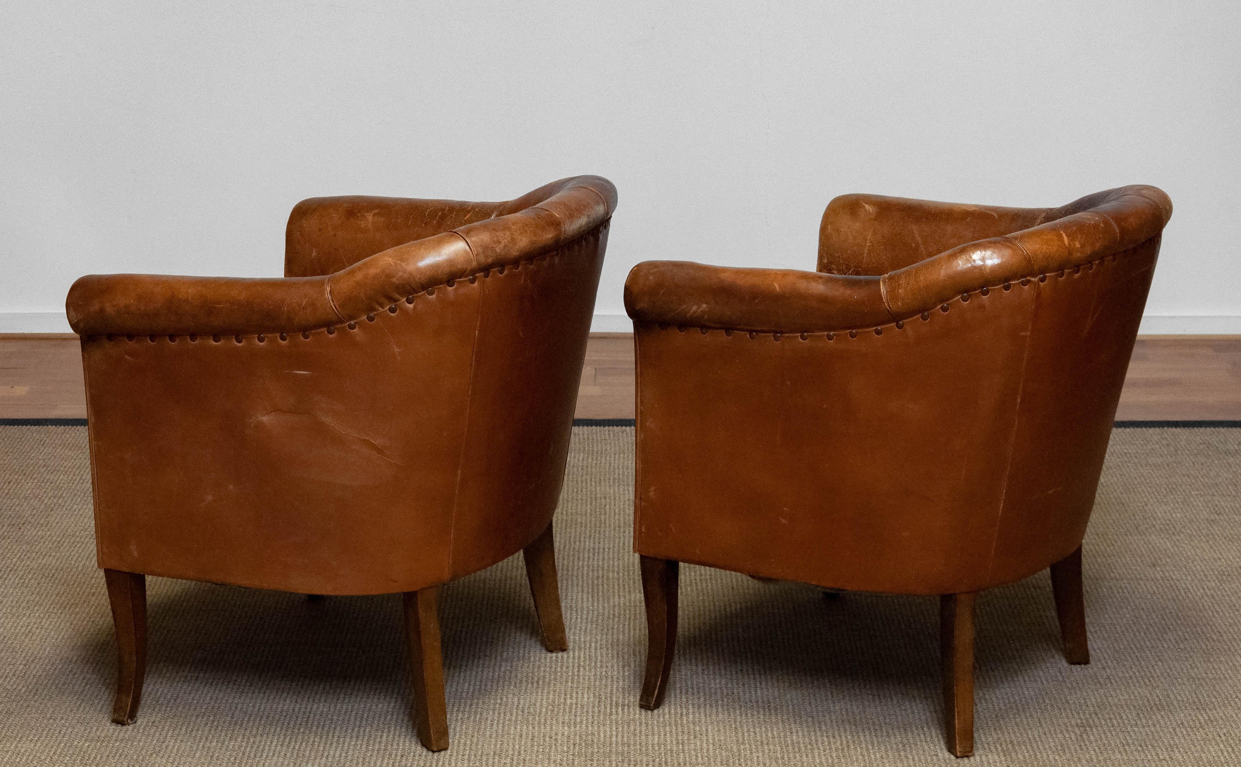 Pair Late 19th Century Swedish Tan / Brown Nailed Leather Lounge / Club Chairs 4