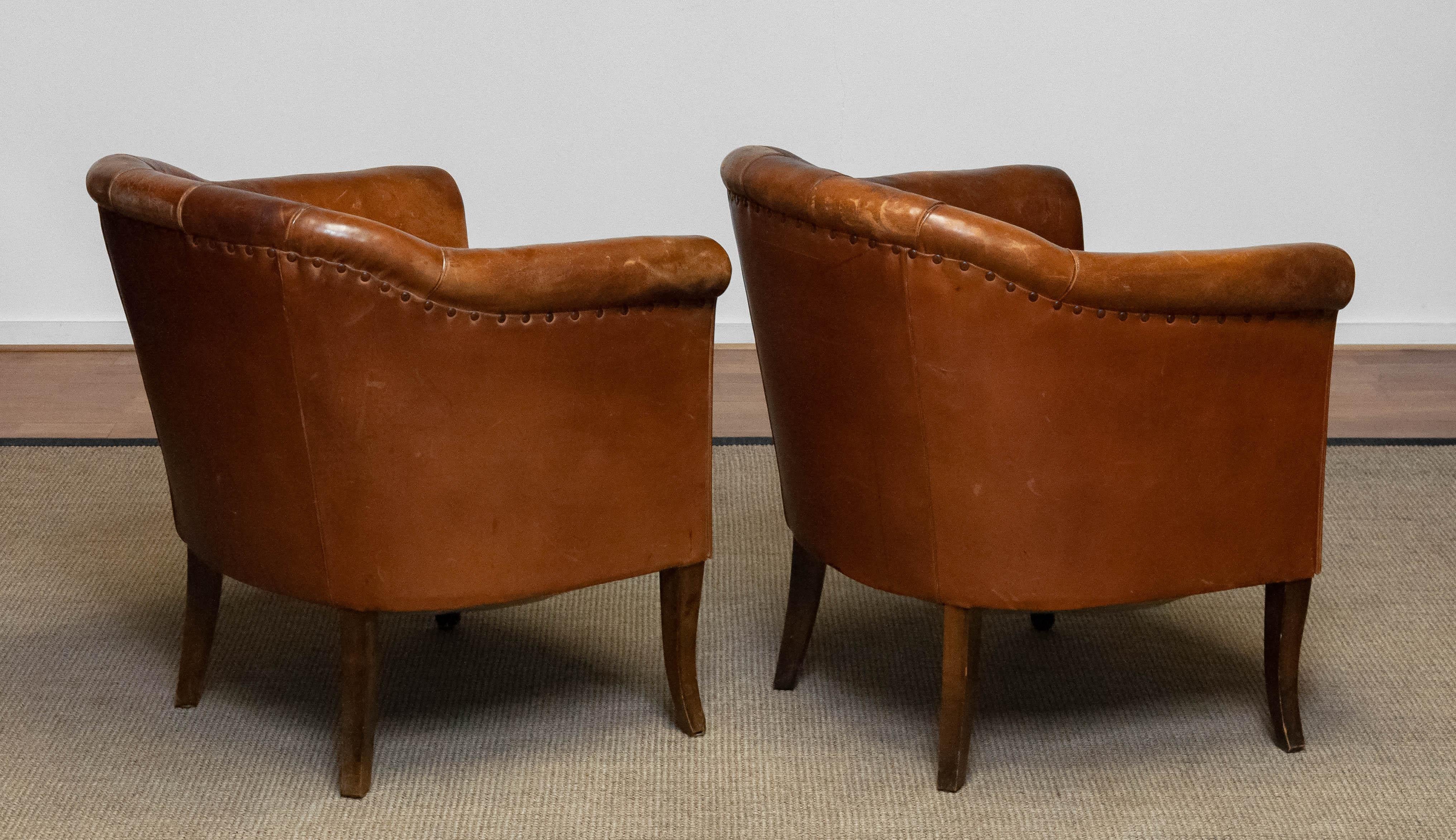Pair Late 19th Century Swedish Tan / Brown Nailed Leather Lounge / Club Chairs 5