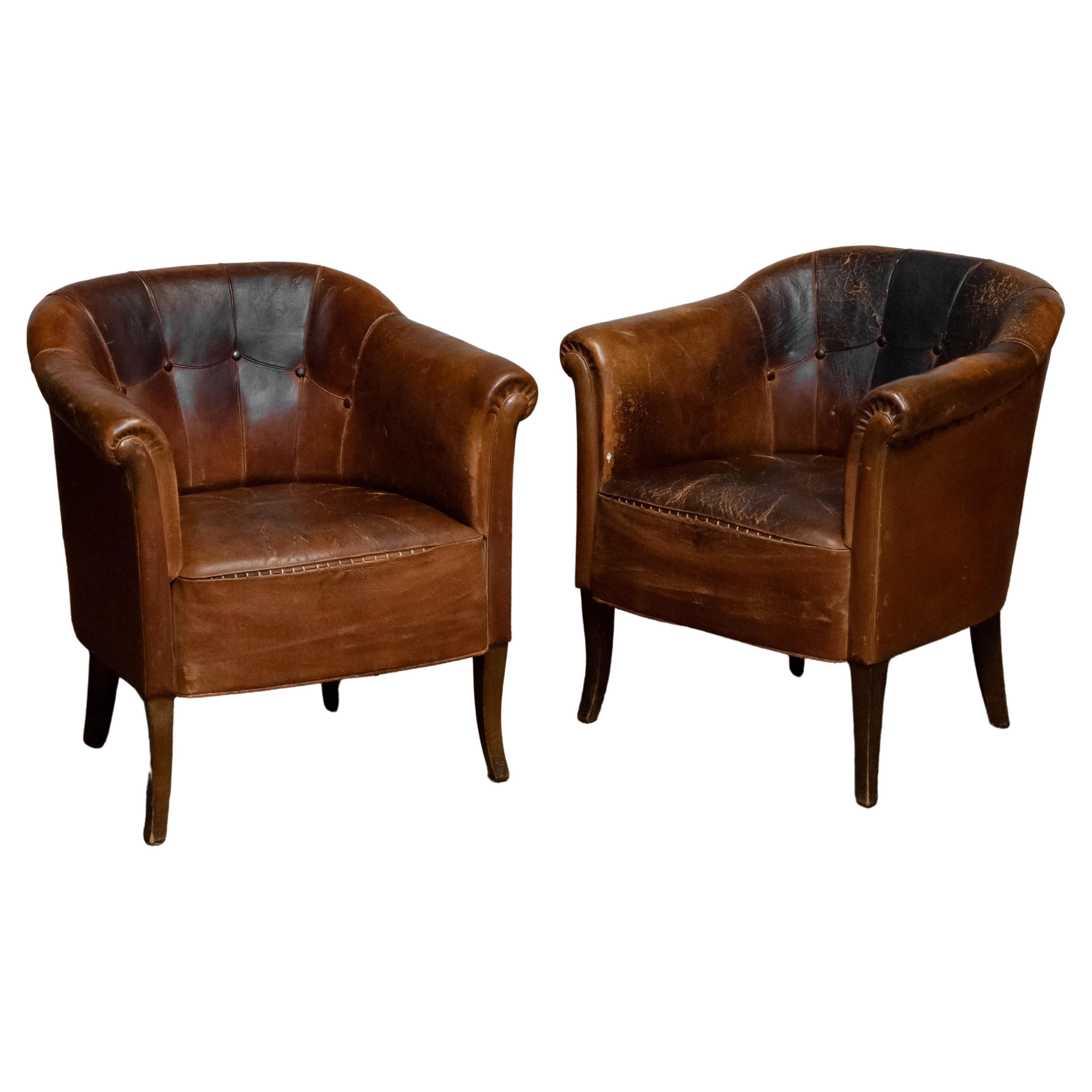 Pair Late 19th Century Swedish Tan / Brown Nailed Leather Lounge / Club Chairs