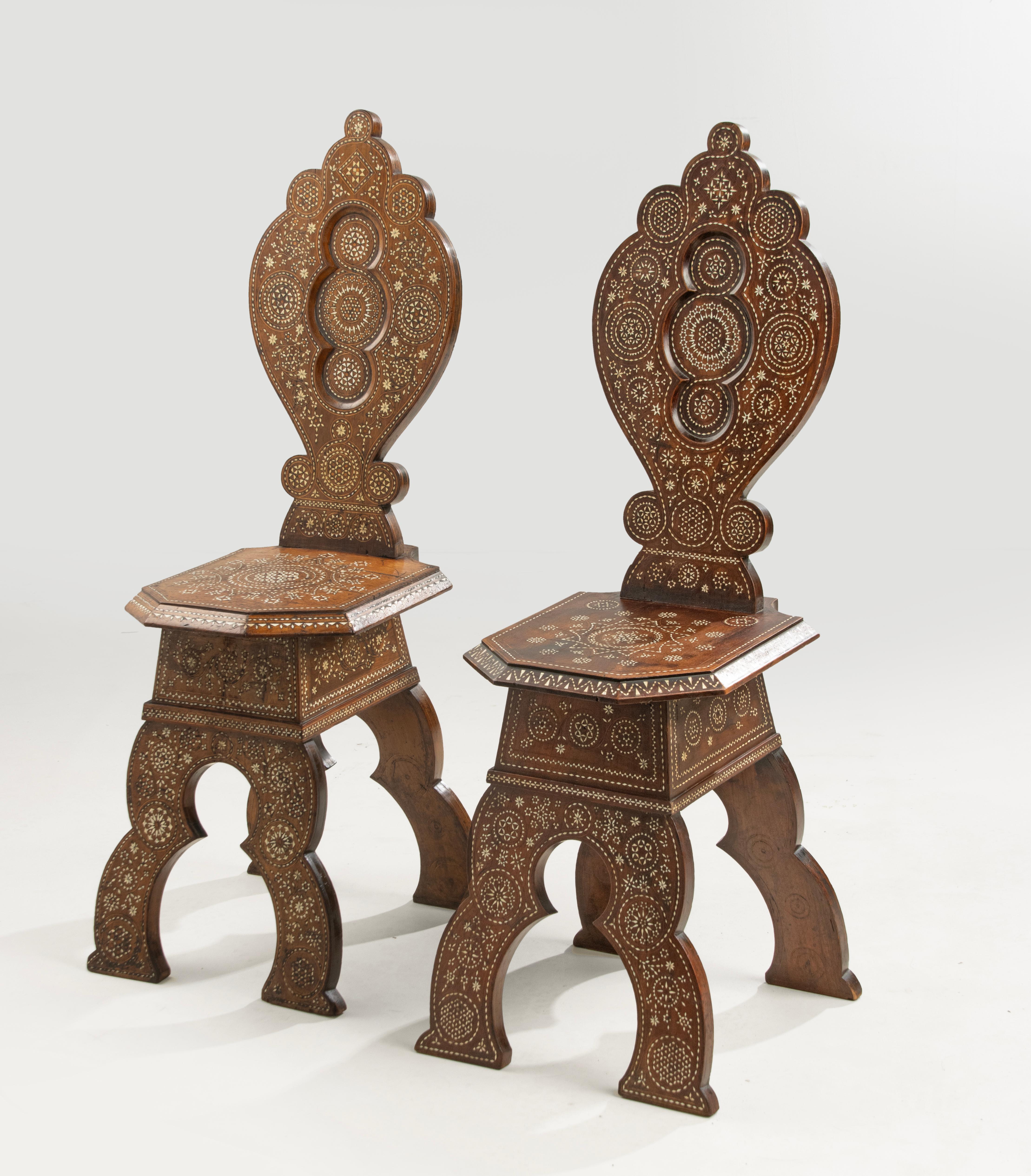 Hand-Crafted Pair Late 19th Century Syrian Inlayed Chairs For Sale