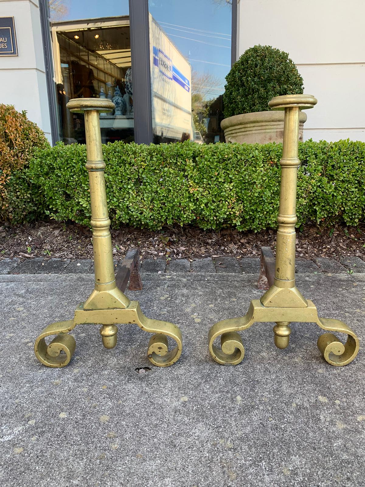 Pair late 19th-early 20th century brass andirons.