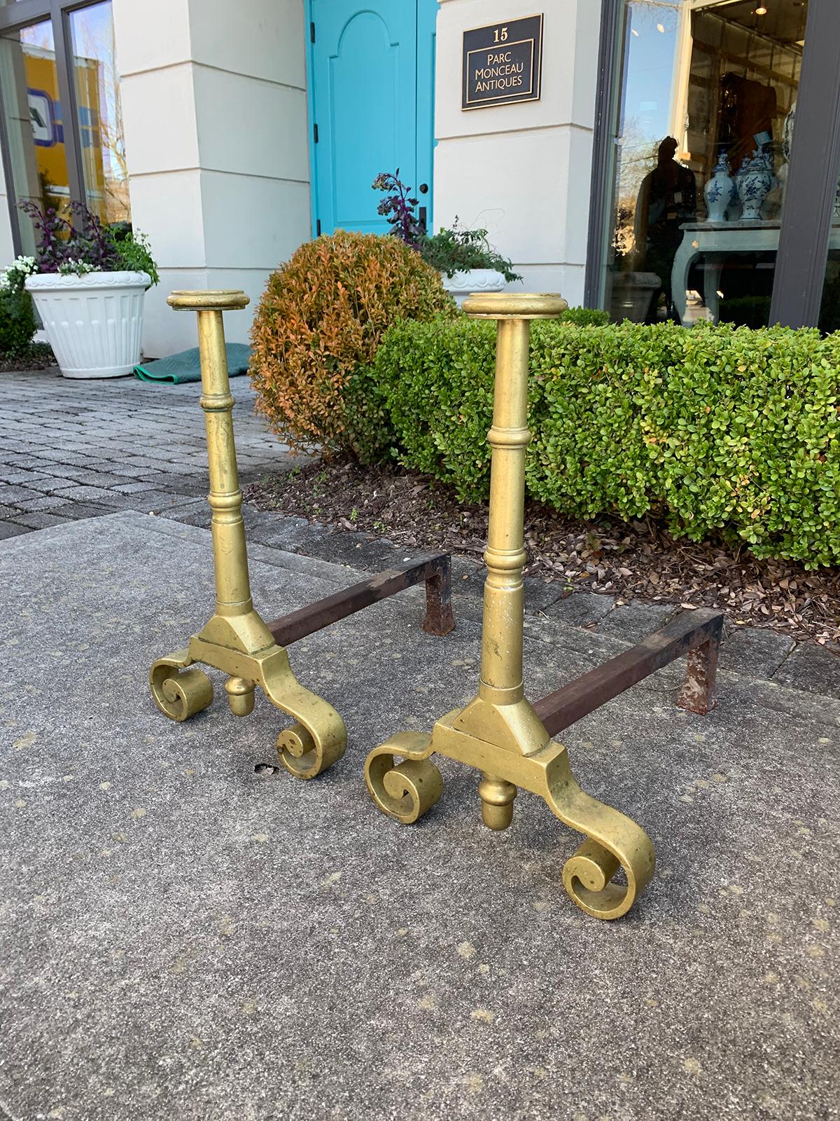 Pair Late 19th-Early 20th Century Brass Andirons In Good Condition In Atlanta, GA