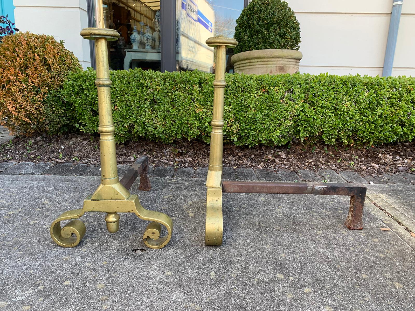 Pair Late 19th-Early 20th Century Brass Andirons 1