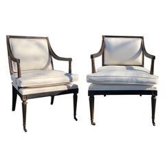 Pair Late 19th-Early 20th Century Ebonized & Gilt Regency Style Open Armchairs