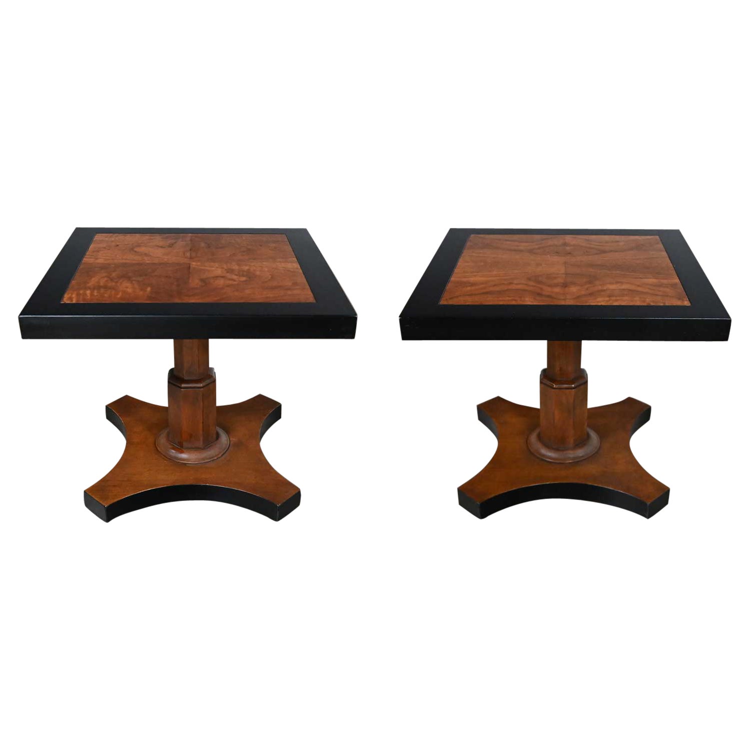 Pair Late 20th Baker Furn Campaign Style Black and Natural Pedestal End Tables
