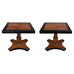 Pair Late 20th Baker Furn Campaign Style Black and Natural Pedestal End Tables
