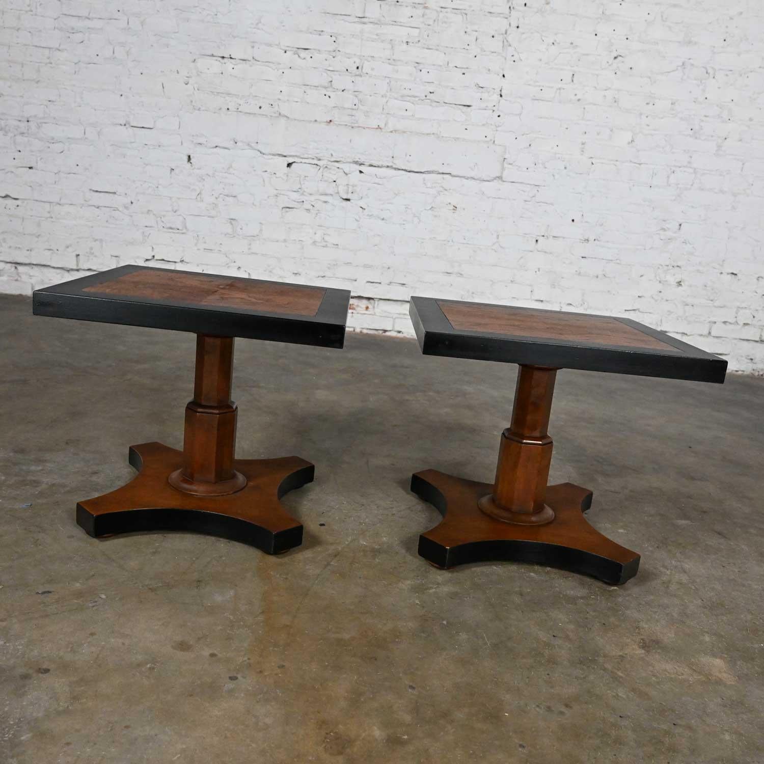 Pair Late 20th Baker Furn Campaign Style Black and Natural Pedestal End Tables For Sale 5