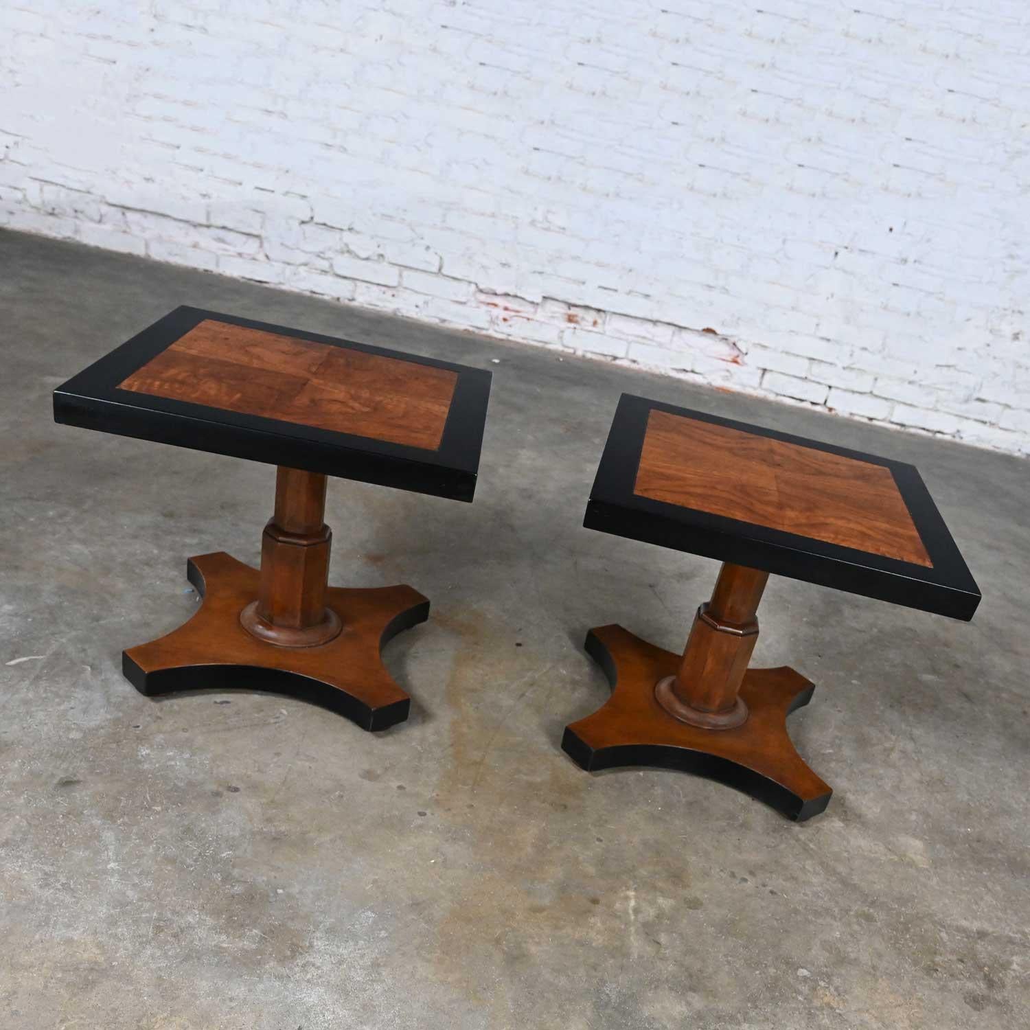 American Pair Late 20th Baker Furn Campaign Style Black and Natural Pedestal End Tables For Sale