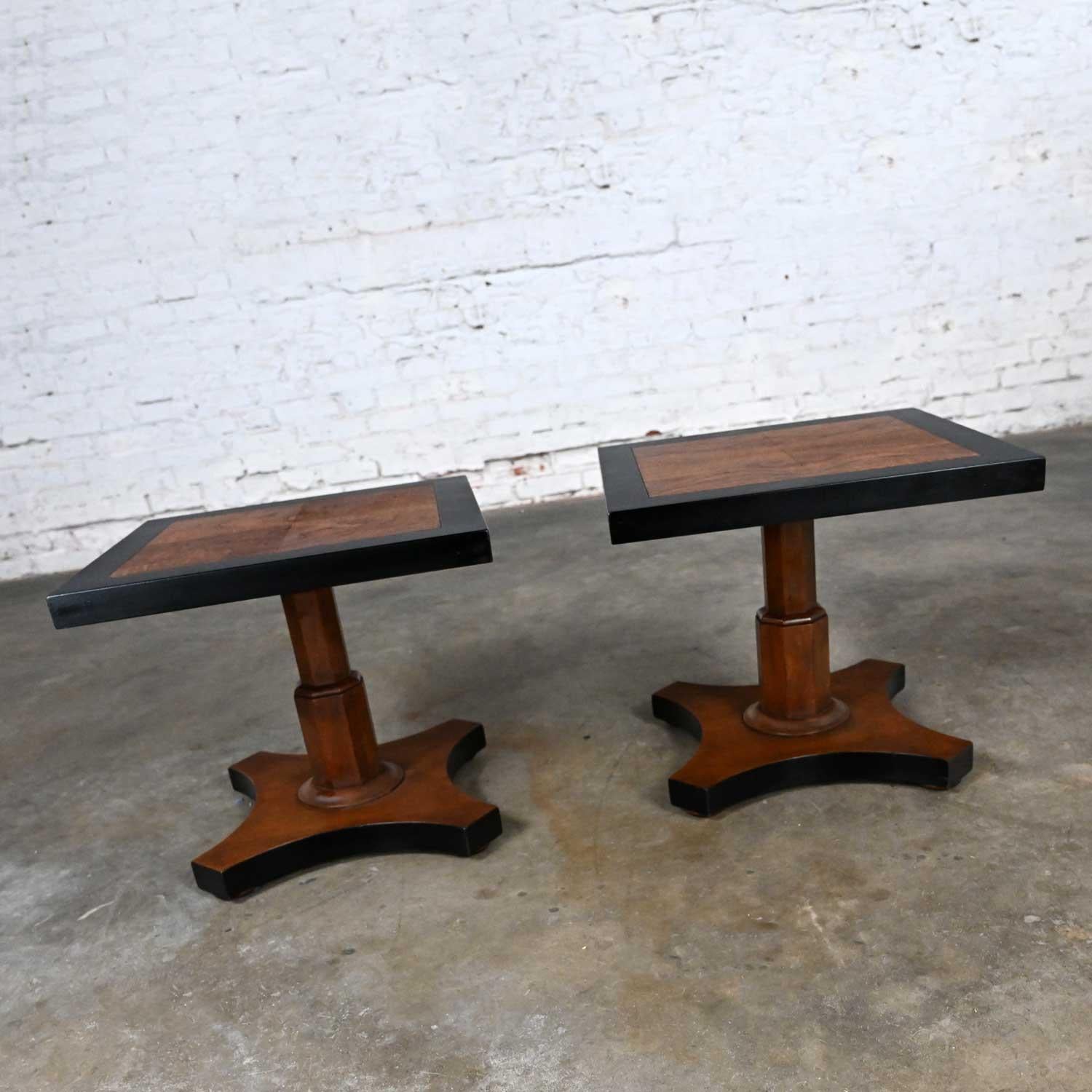 Pair Late 20th Baker Furn Campaign Style Black and Natural Pedestal End Tables In Good Condition For Sale In Topeka, KS