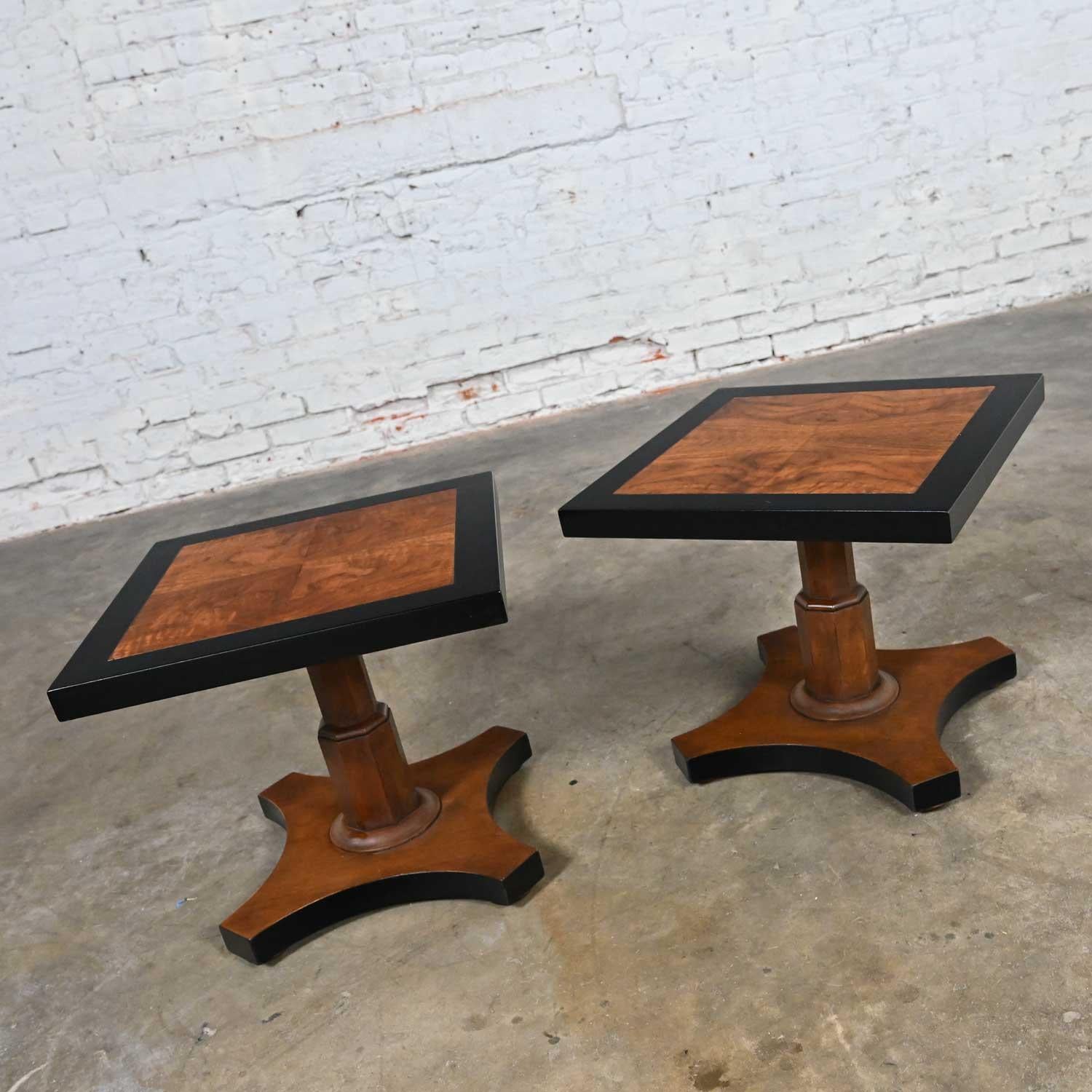 Pair Late 20th Baker Furn Campaign Style Black and Natural Pedestal End Tables For Sale 2