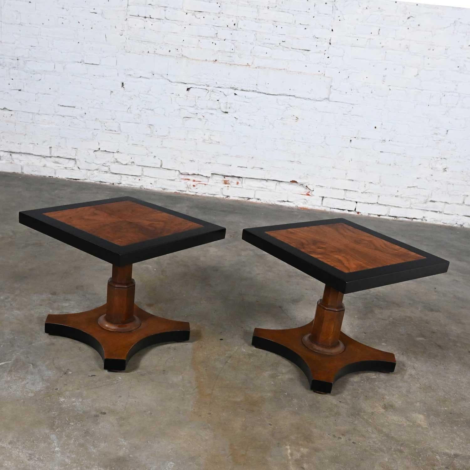 Pair Late 20th Baker Furn Campaign Style Black and Natural Pedestal End Tables For Sale 3