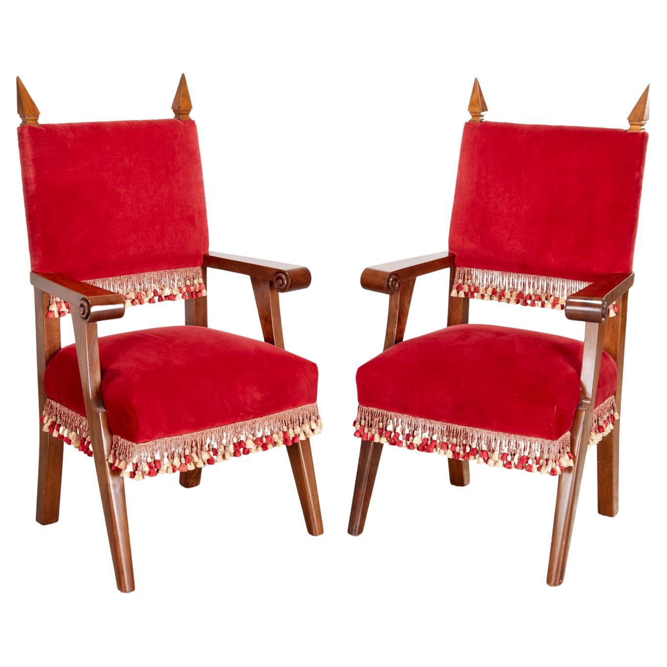 Pair Late 20th C. Modern Italian-Made Baroque Style Walnut and Velvet Armchairs  For Sale