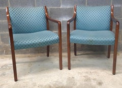 Pair Late 20th Century Gunlocke Oak and Upholstered Armchairs