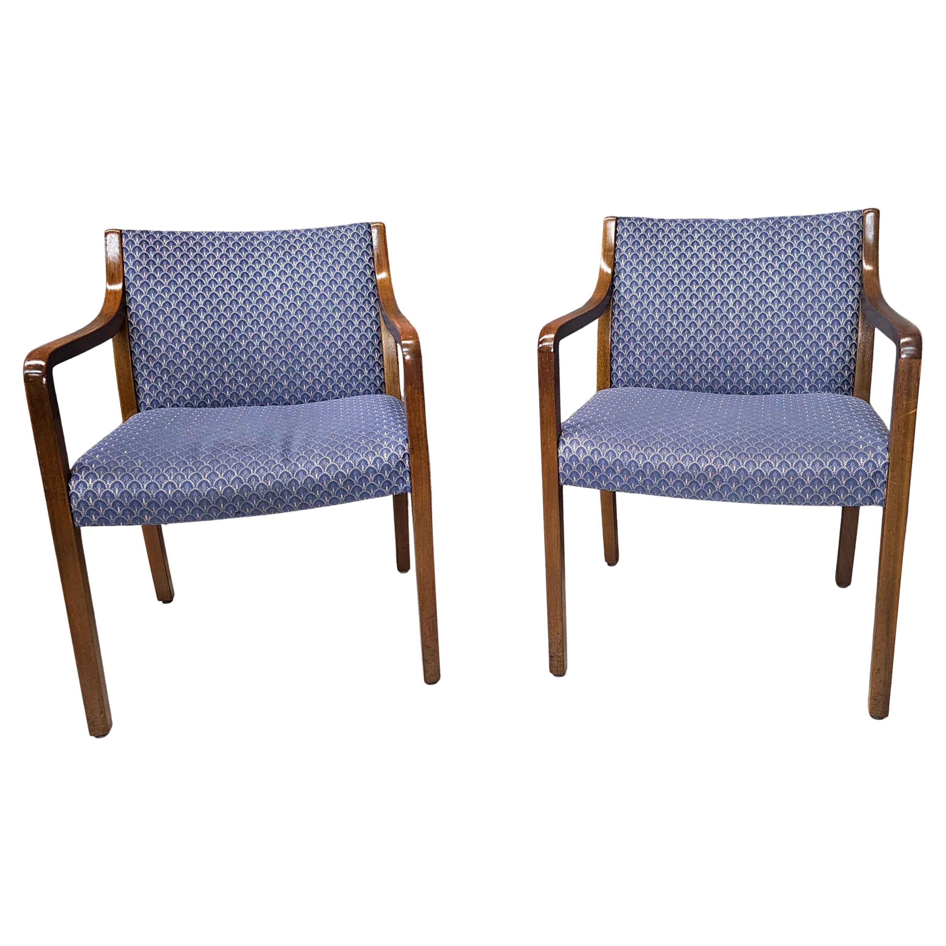 Pair Late 20th Century Gunlocke Oak and Upholstered Armchairs