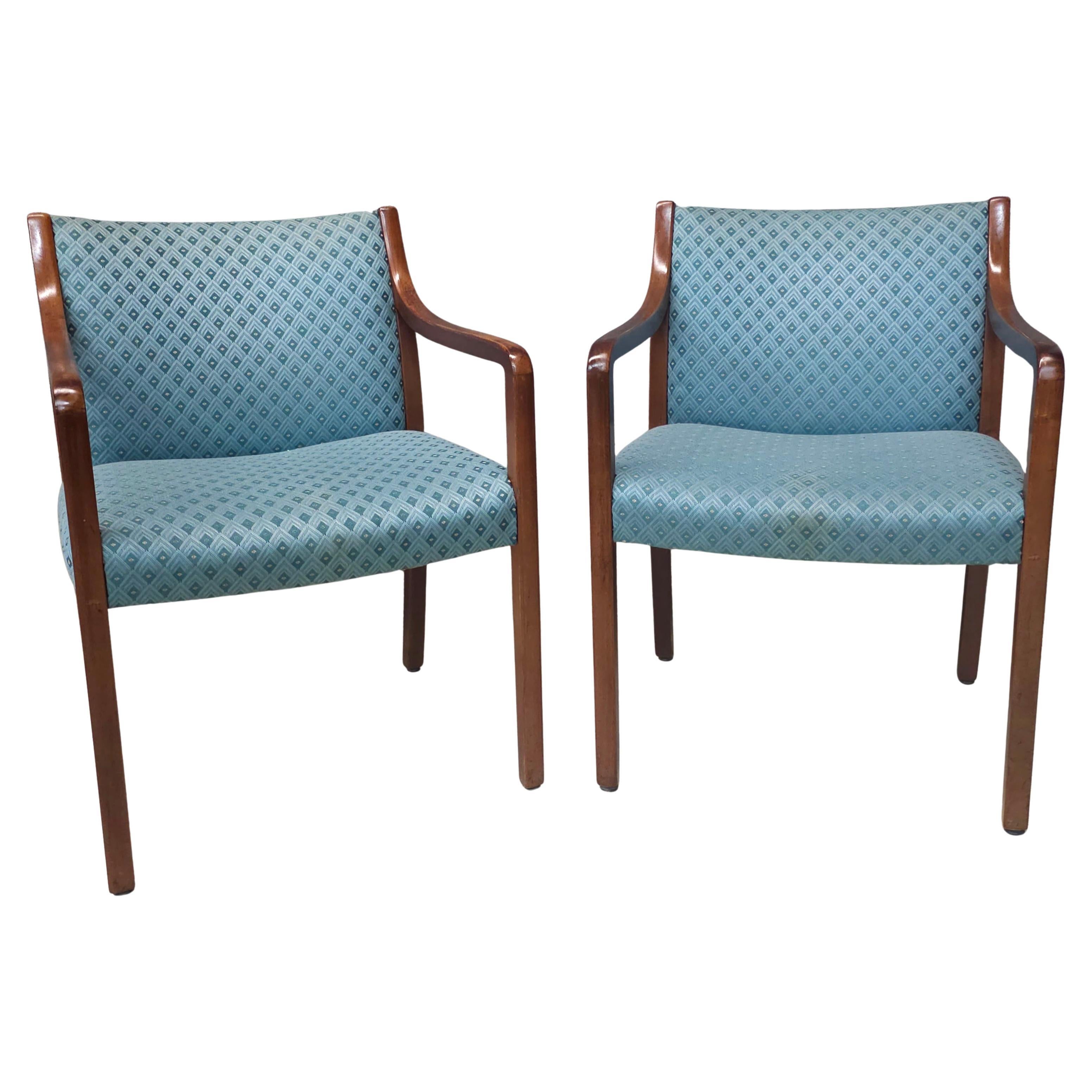 Pair Late 20th Century Gunlocke Oak and Upholstered Armchairs