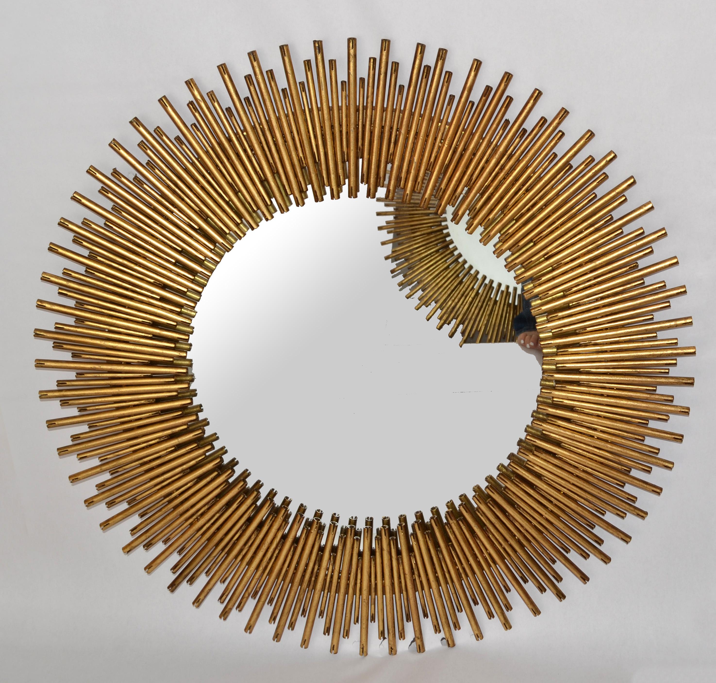 Pair, Late 20th Century Handmade Brass Sunburst Wall Mirrors Mid-Century Modern For Sale 5
