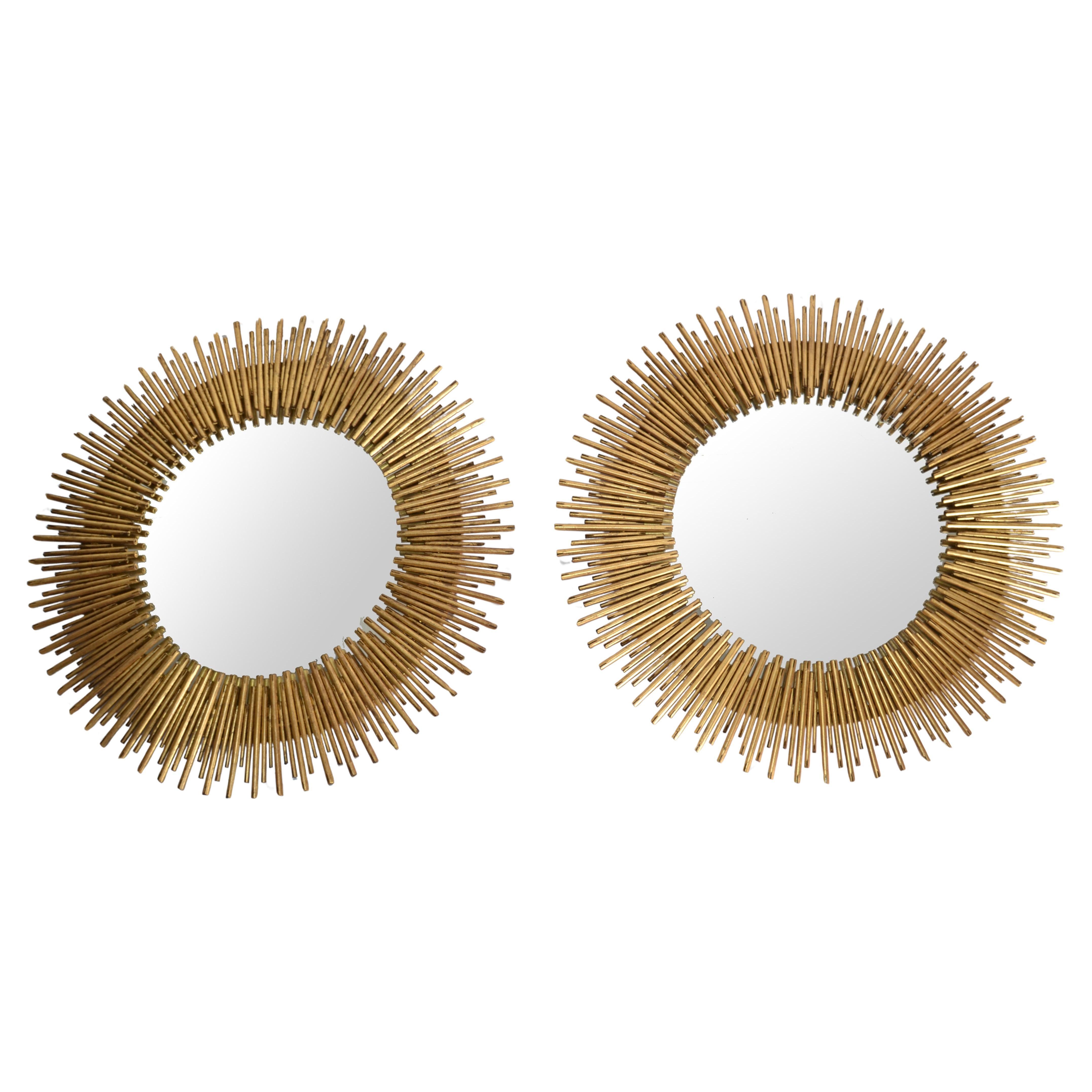 French Pair, Late 20th Century Handmade Brass Sunburst Wall Mirrors Mid-Century Modern For Sale