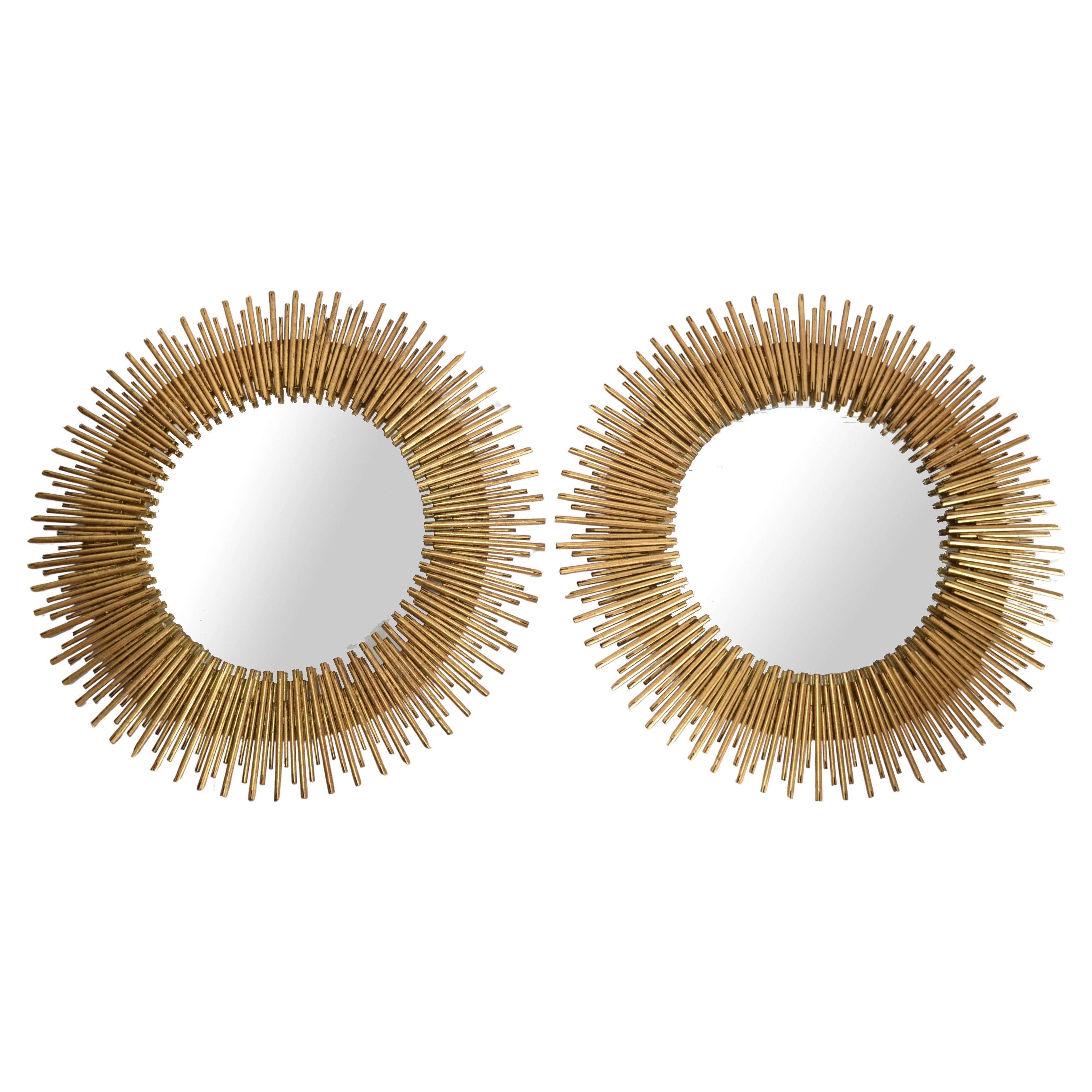 Pair, Late 20th Century Handmade Brass Sunburst Wall Mirrors Mid-Century Modern In Good Condition For Sale In Miami, FL