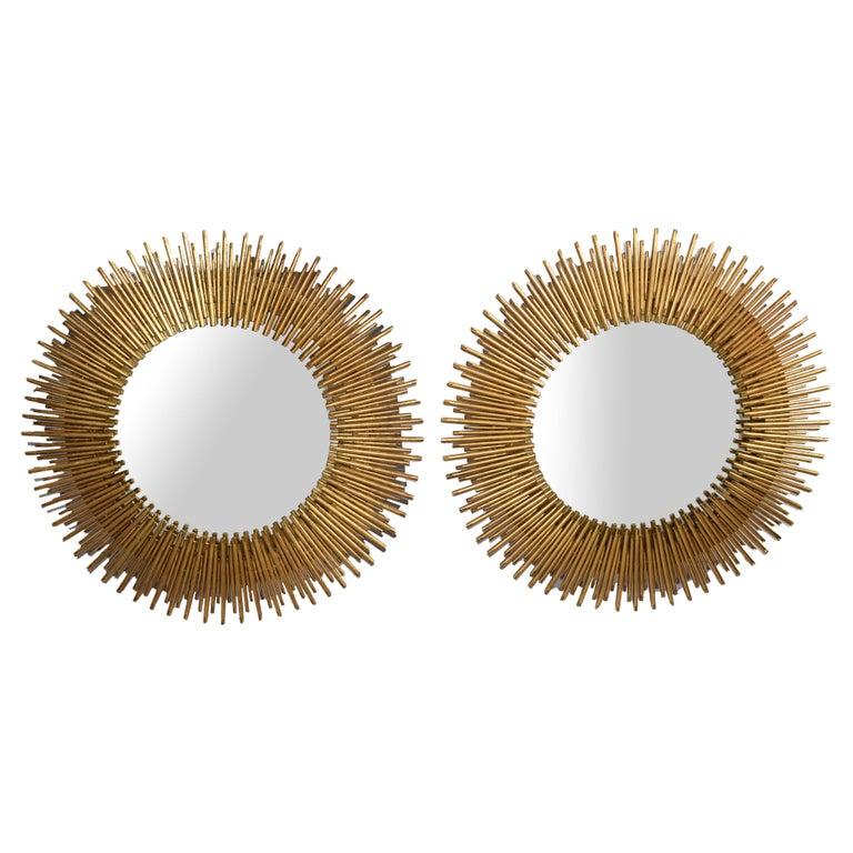Pair, Late 20th Century Handmade Brass Sunburst Wall Mirrors Mid-Century Modern For Sale 1