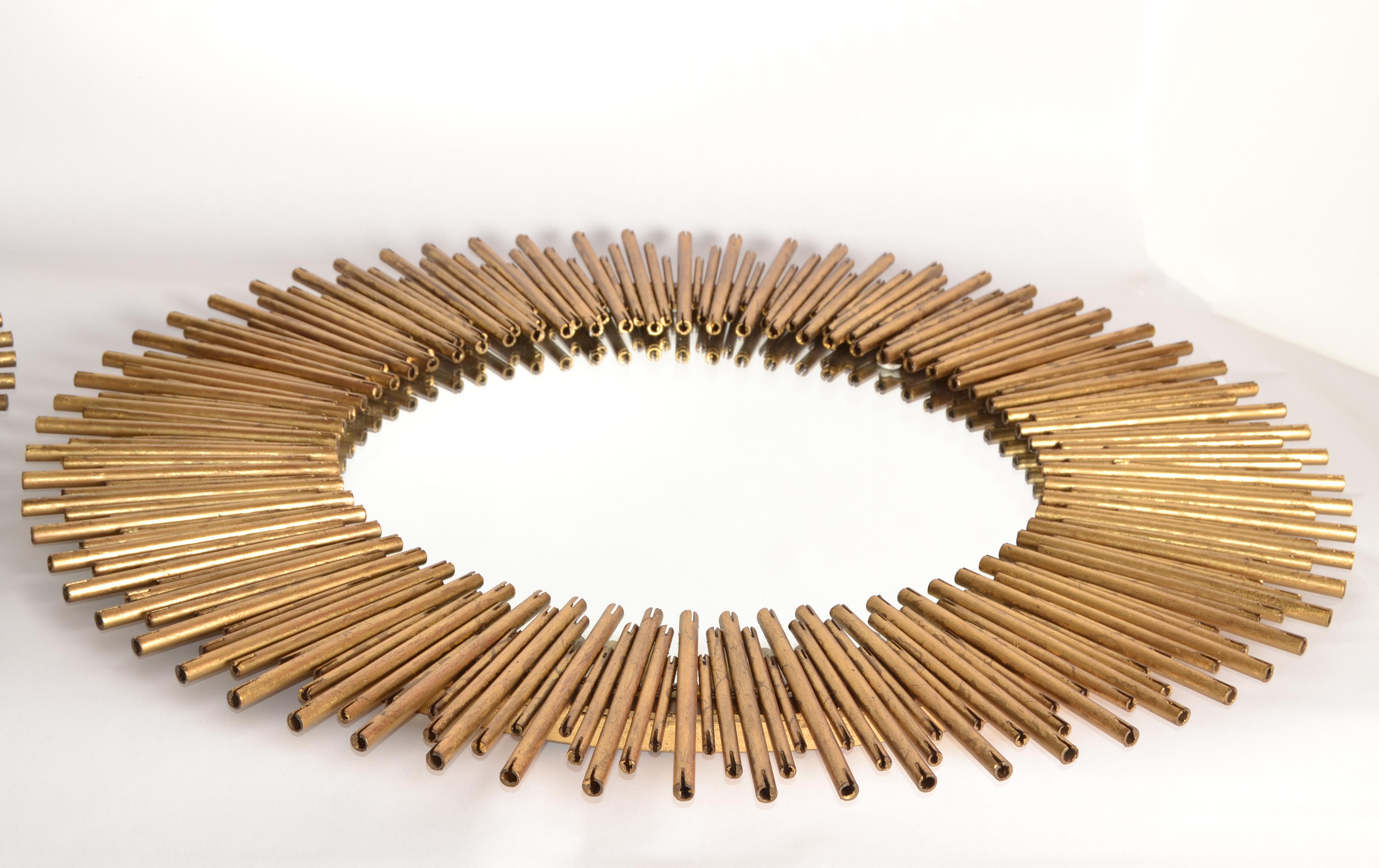 Pair, Late 20th Century Handmade Brass Sunburst Wall Mirrors Mid-Century Modern For Sale 3