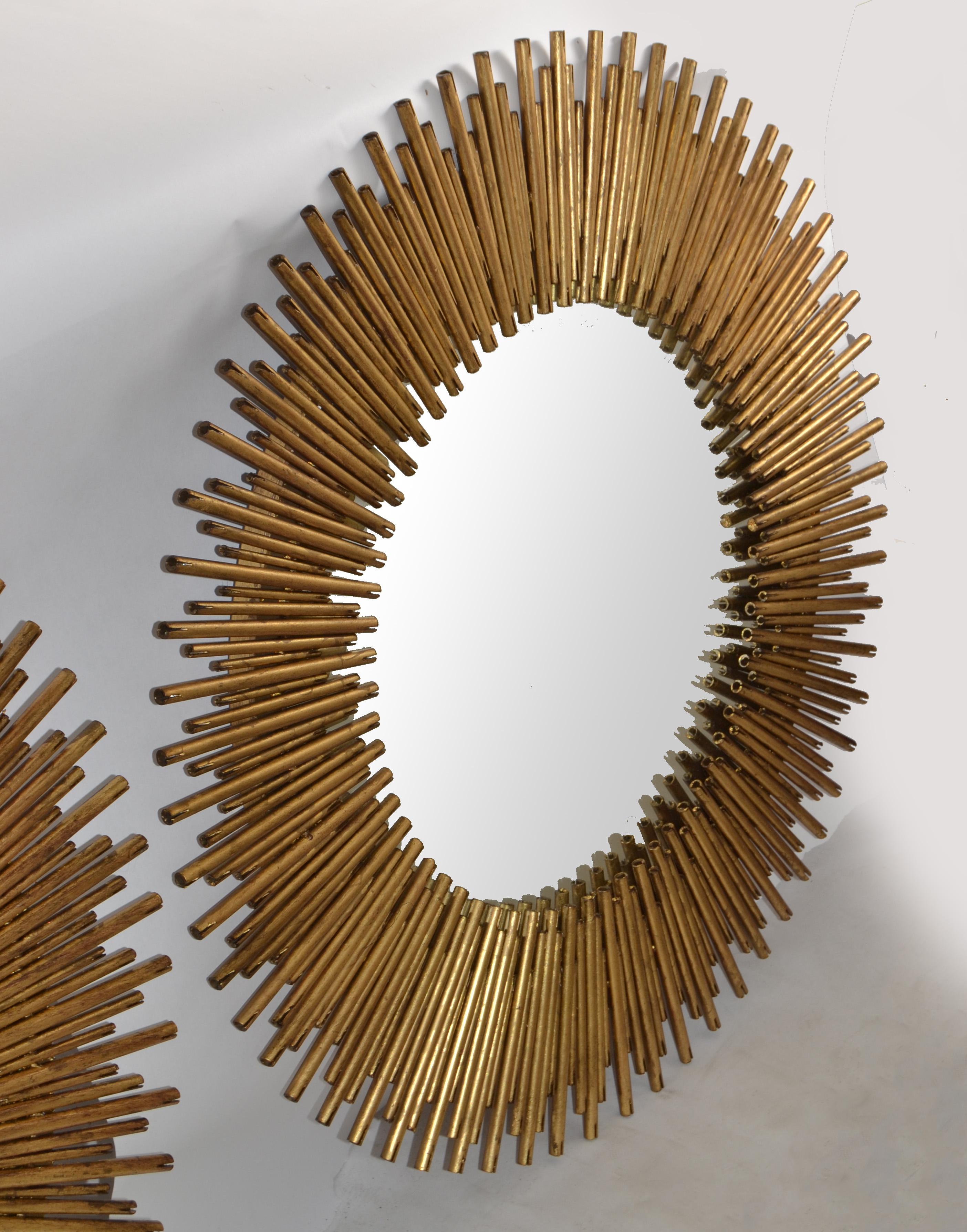 Pair, Late 20th Century Handmade Brass Sunburst Wall Mirrors Mid-Century Modern For Sale 4