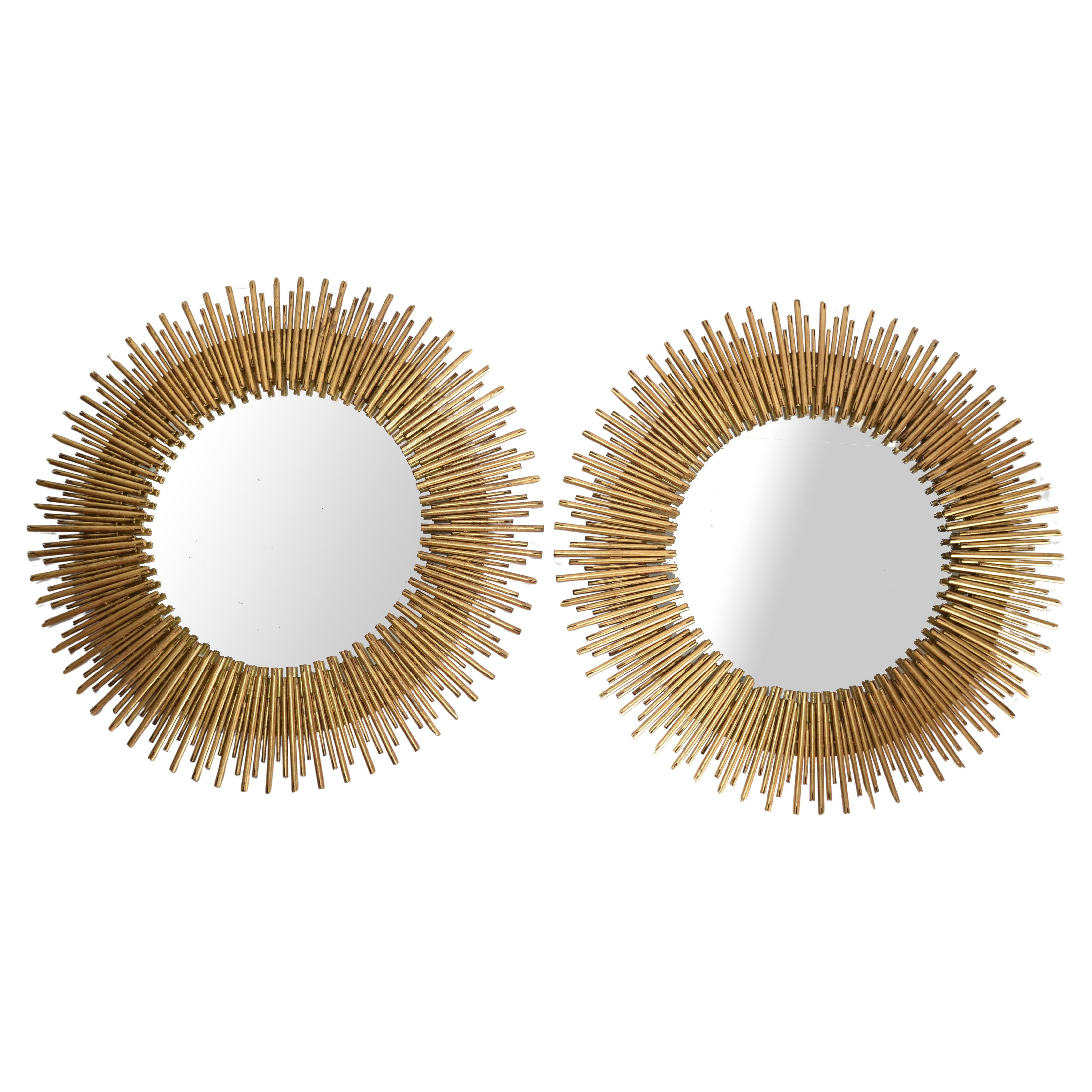 Paire de miroirs muraux de la fin du 20e siècle en laiton fait à la main avec effet de soleil Modernité du milieu du siècle dernier