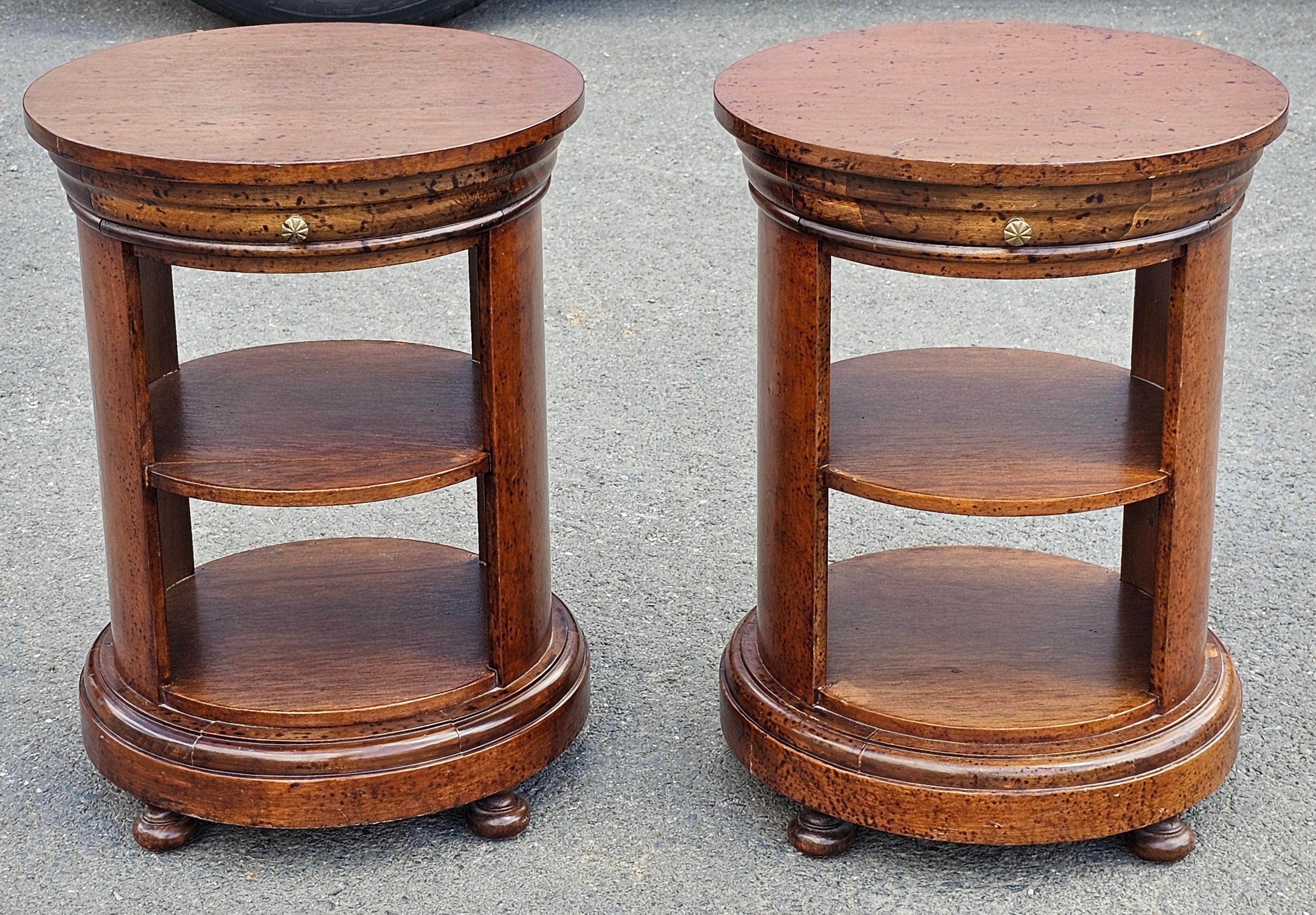 Pair Late 20th Century Italian Fruitwood Tiered Small Single Drawer Side Tables.
Perfect height to be used as occasional stools as needed.
Size is 14