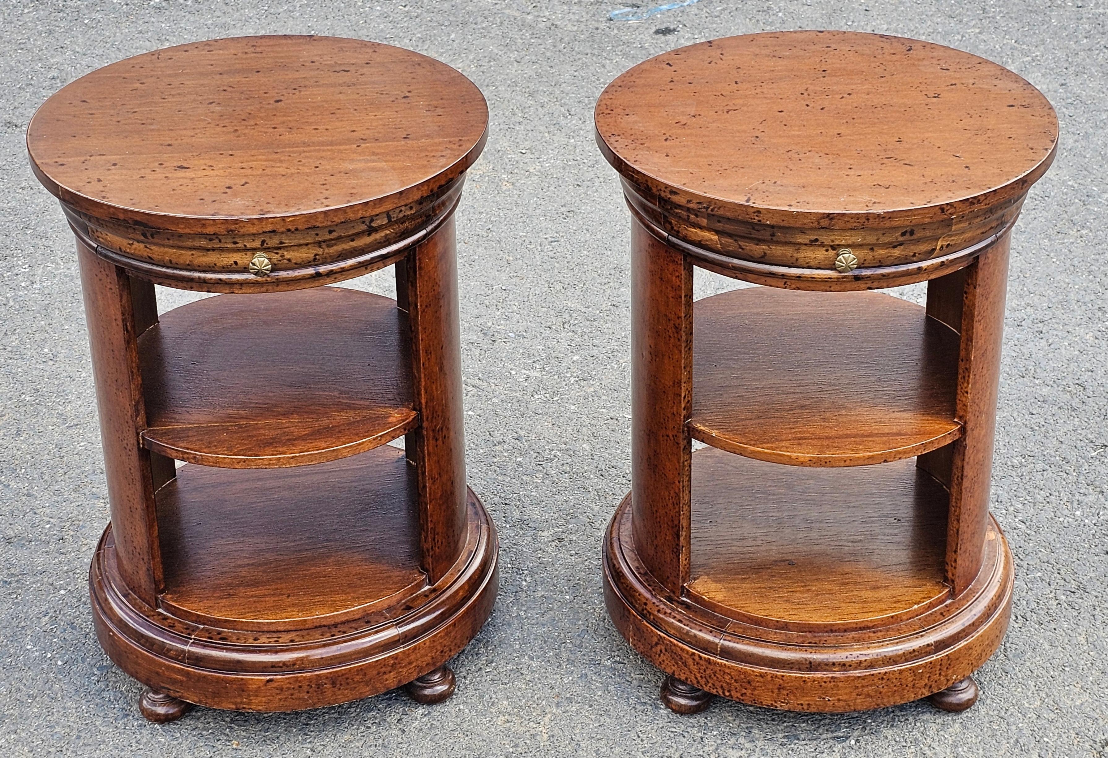 Modern Pair Late 20th Century Italian Fruitwood Small Single Drawer Drum Side Tables For Sale