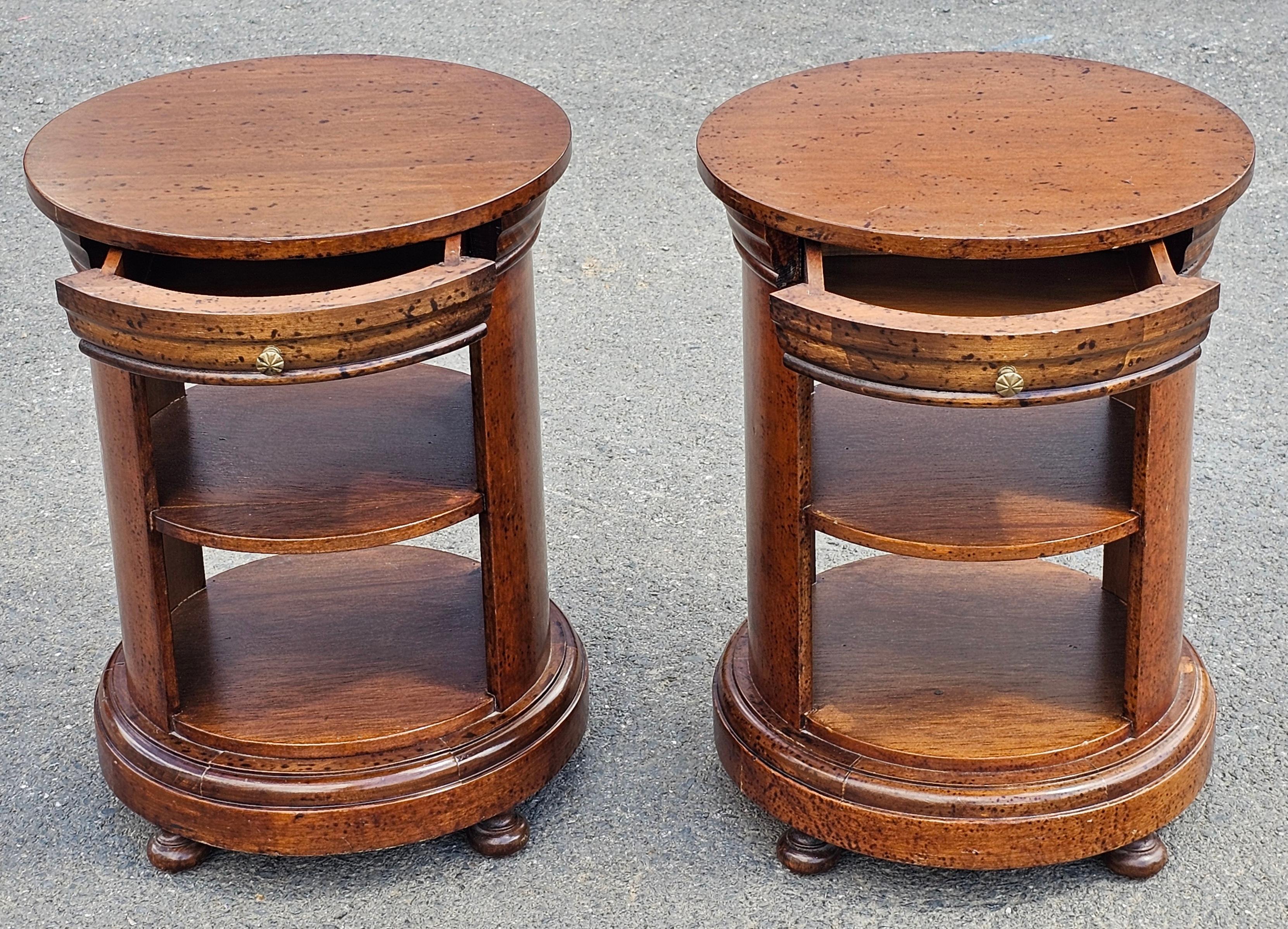 American Pair Late 20th Century Italian Fruitwood Small Single Drawer Drum Side Tables For Sale