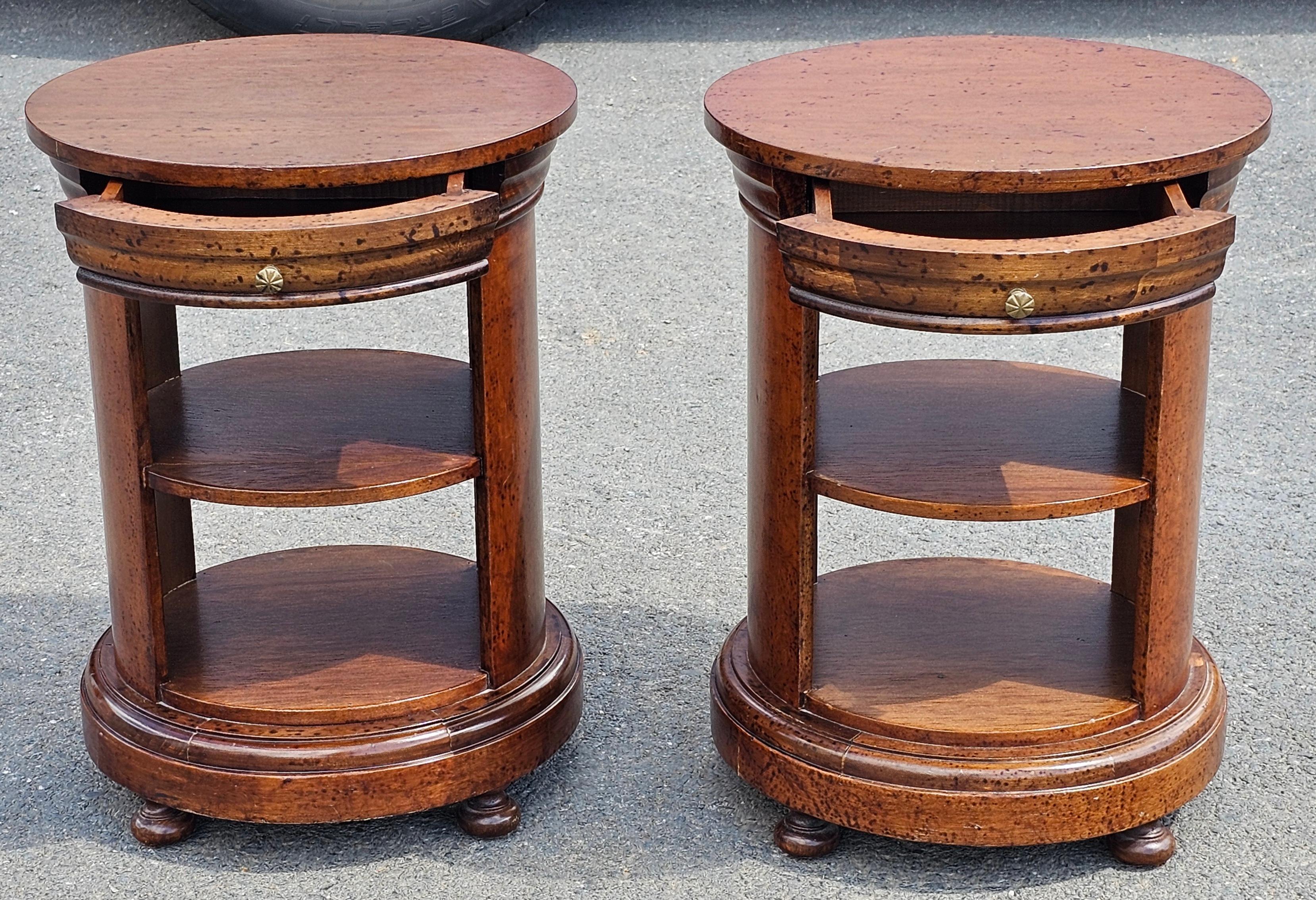 Other Pair Late 20th Century Italian Fruitwood Small Single Drawer Drum Side Tables For Sale