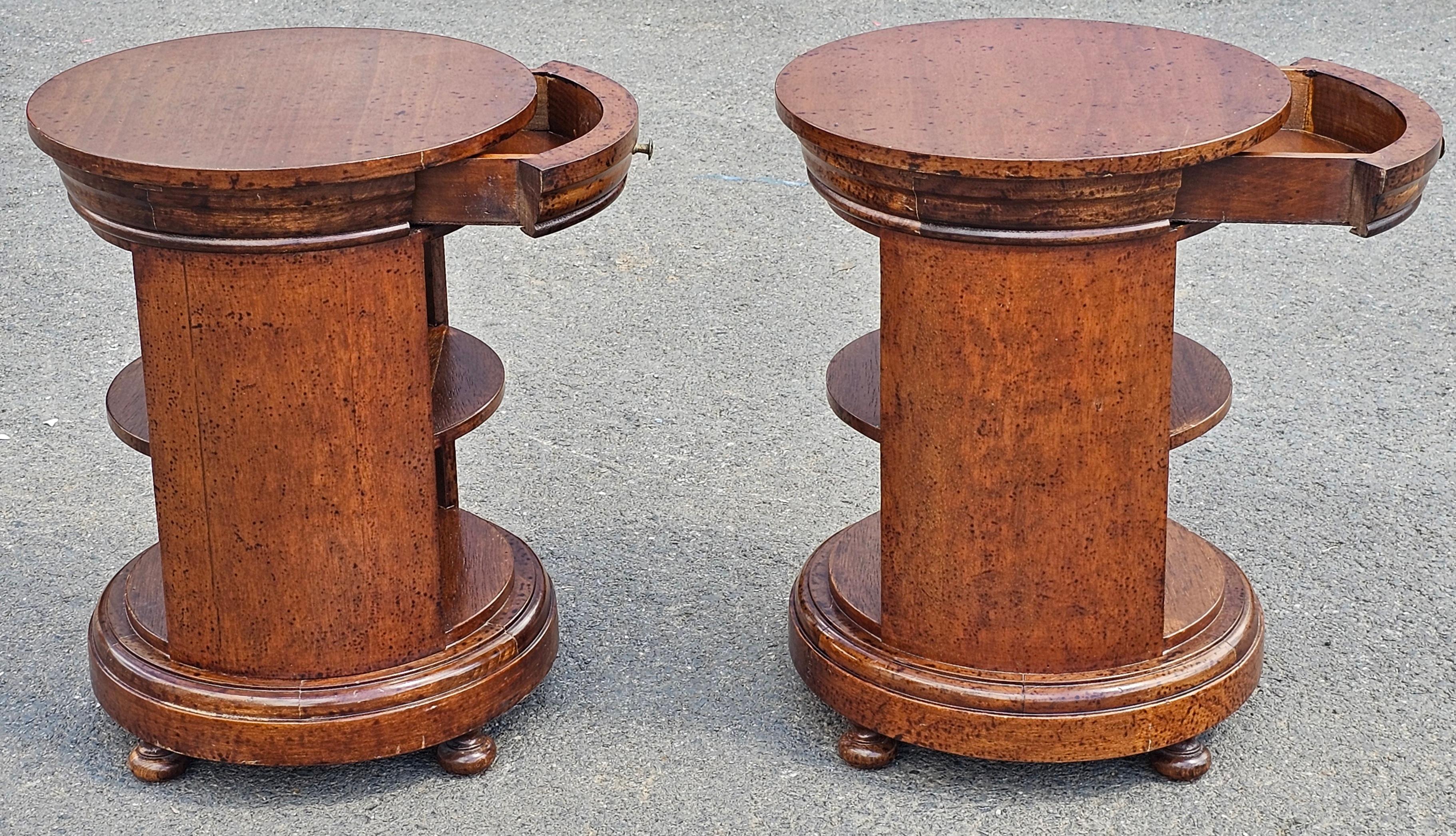 Pair Late 20th Century Italian Fruitwood Small Single Drawer Drum Side Tables In Good Condition For Sale In Germantown, MD